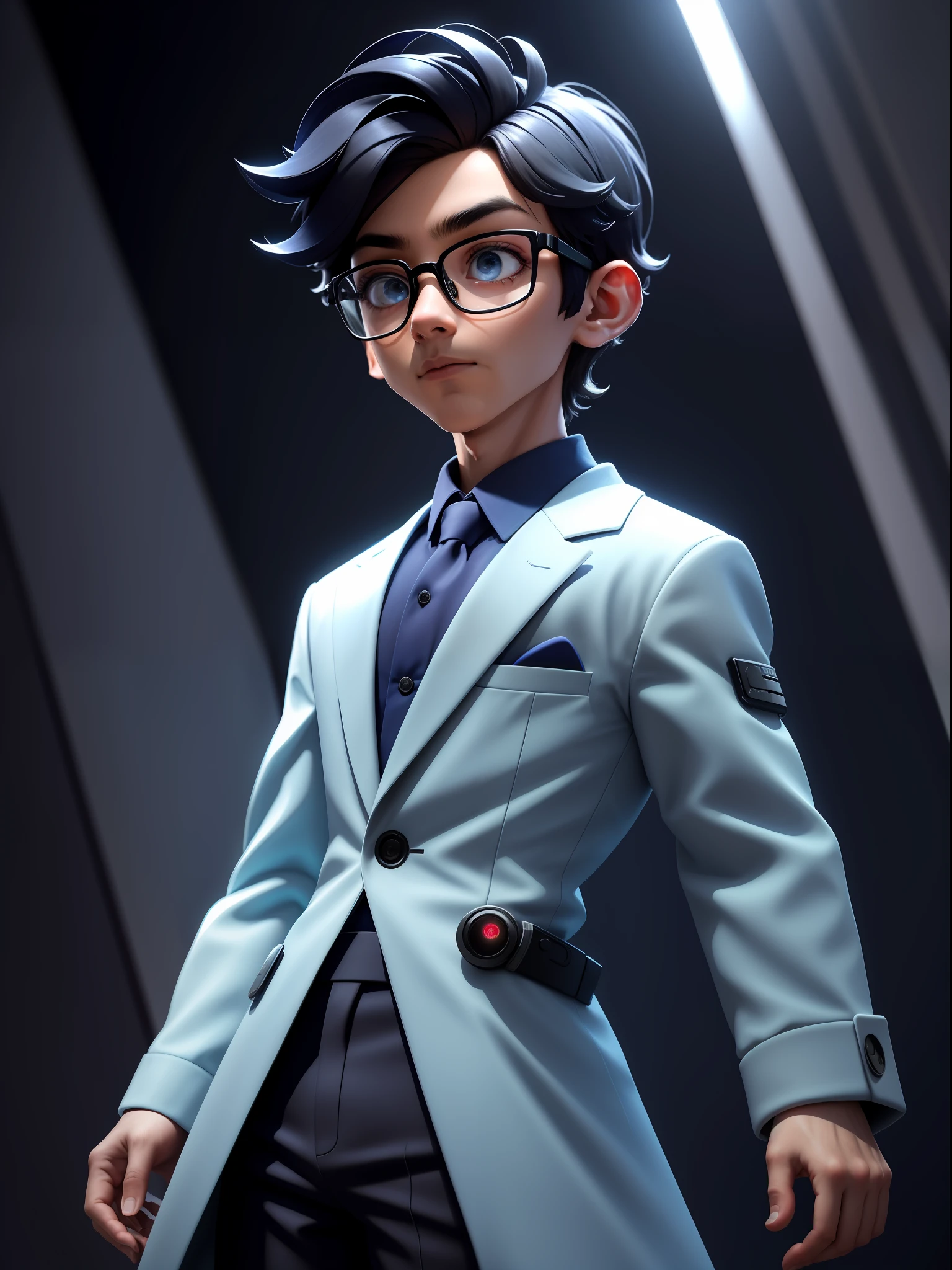 (Masterpiece: 1.5), (Best Quality: 1.5), High Resolution, Highly Detailed, 3DMM, A Boy, Soloist, Speaker, Leader, Wearing Glasses, Serious, Performance of Future Technology, Data, Low Contrast, Vivid Lighting, Atmospheric Depth, Superb Technology, Harmonious Composition, Creative Refinement, Striking Juxtaposition, Evocative Tones, Captivating Colors, Dramatic Lighting