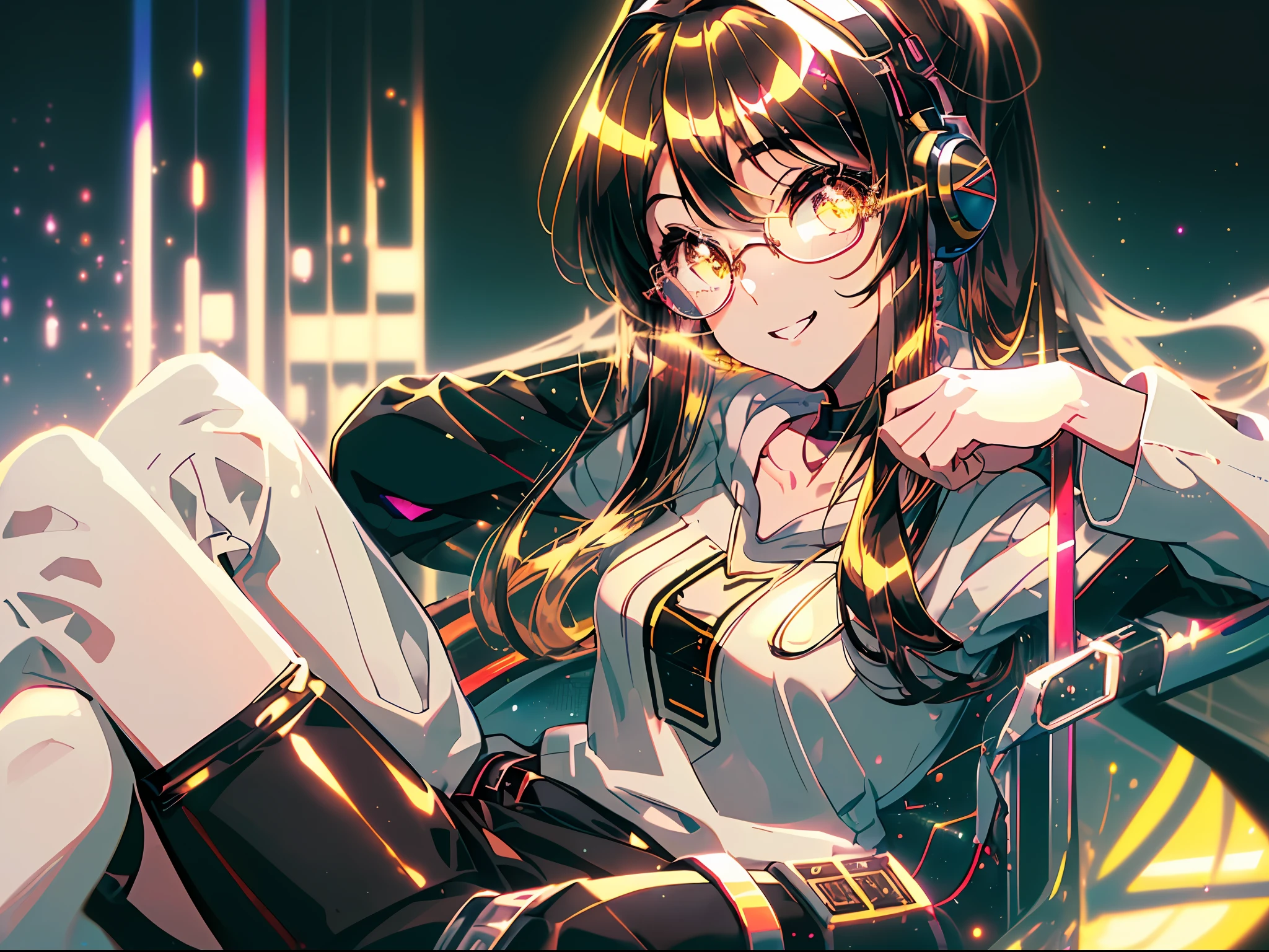 1girl, solo, young anime woman(head(long brown hair, beautiful golden eyes, glasses, naughty smile, headphone), body(medium breasts, thin waist, little muscle), outfit(white and yellow hooded jacket), position (sitting in a chair, looking at a computer screen)), background(dark room, bed, computer with screen(lines of code) on)