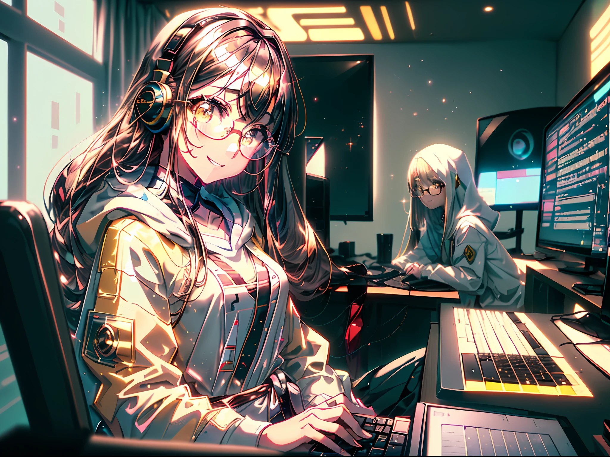 1girl, solo, young anime woman(head(long brown hair, beautiful golden eyes, glasses, naughty smile, headphone), body(medium breasts, thin waist, little muscle), outfit(white and yellow hooded jacket), position (sitting in a chair, looking at a computer screen)), background(dark room, bed, computer with screen(lines of code) on)
