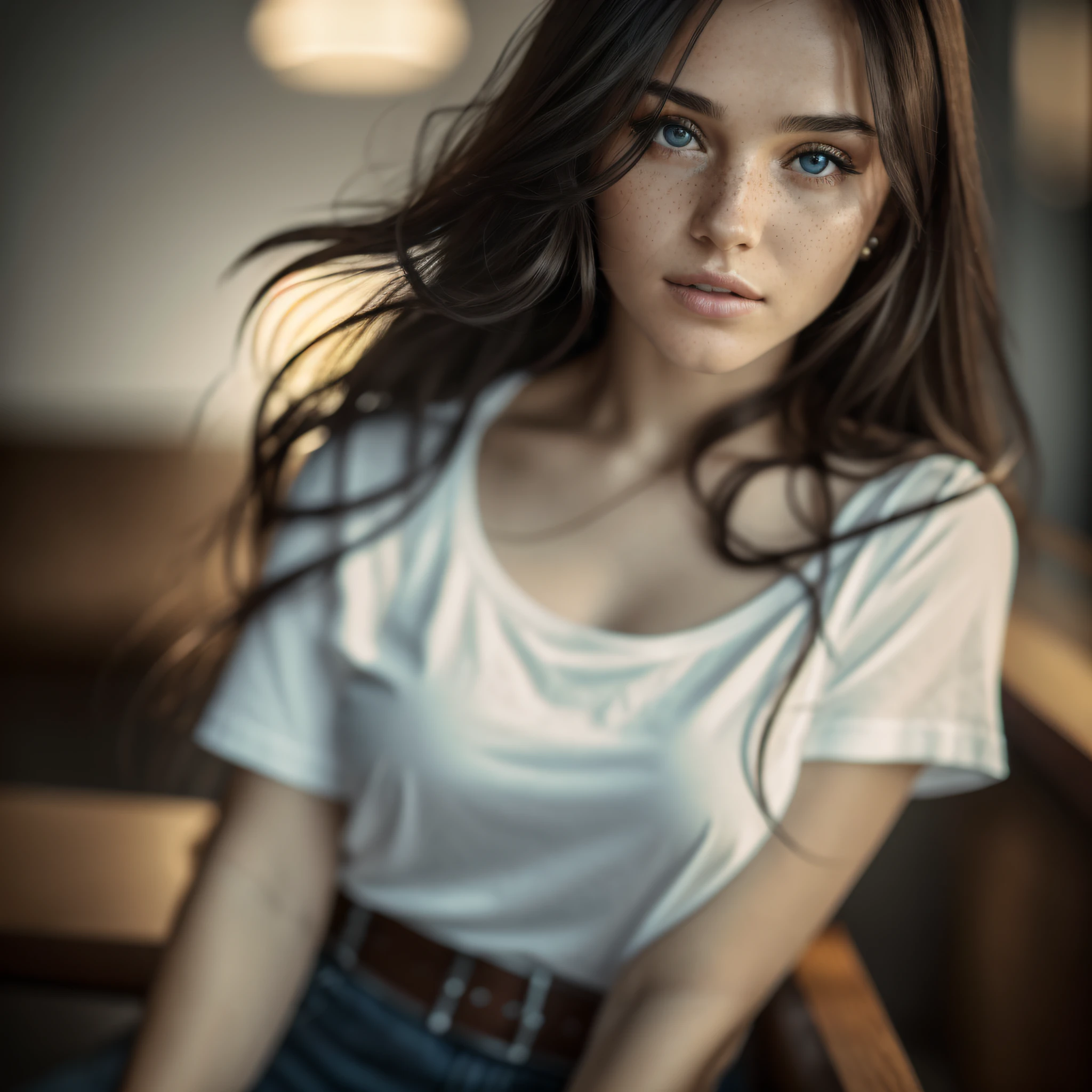 beautiful woman, with freckles on her face, brown eyes, long straight black hair,hair waving in the wind, wearing a white small t-shirt without print, wearing leather belt, front view (sitting inside a modern restaurant at night), Isabelle Adjani, very detailed, 35 years, natural wave hair, blue eyes, high-res, masterpiece, best quality, intricate details, highly detailed, sharp focus, detailed skin, realistic skin texture, texture, detailed eyes, professional, 4k, Canon shooting, 85mm, shallow depth of field, kodak vision color, perfect fit body, extremely detailed, photo_\(ultra\), photorealistic, realistic, post-processing, maximum detail, roughness, real life, ultra realistic, photorealism, photography, 8k uhd, photography (grain of film) medium shot for closeup shot atmospheric dark lighting --auto --s2