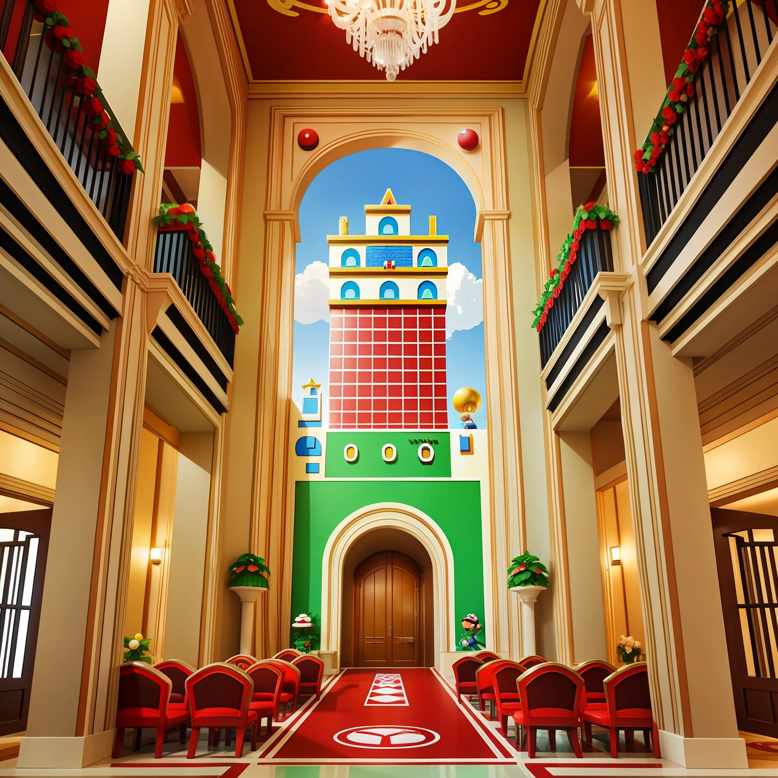 Super Mario-style hotel with a six-meter lobby floor height and Mario elements --auto --s2