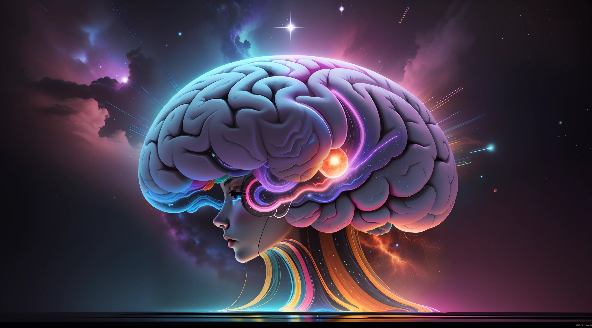 brain, mind, universe, colorful, vibrant, realistic image, lights, lighting,  high details, 8k, high-quality:: dof, --ar 2:1
