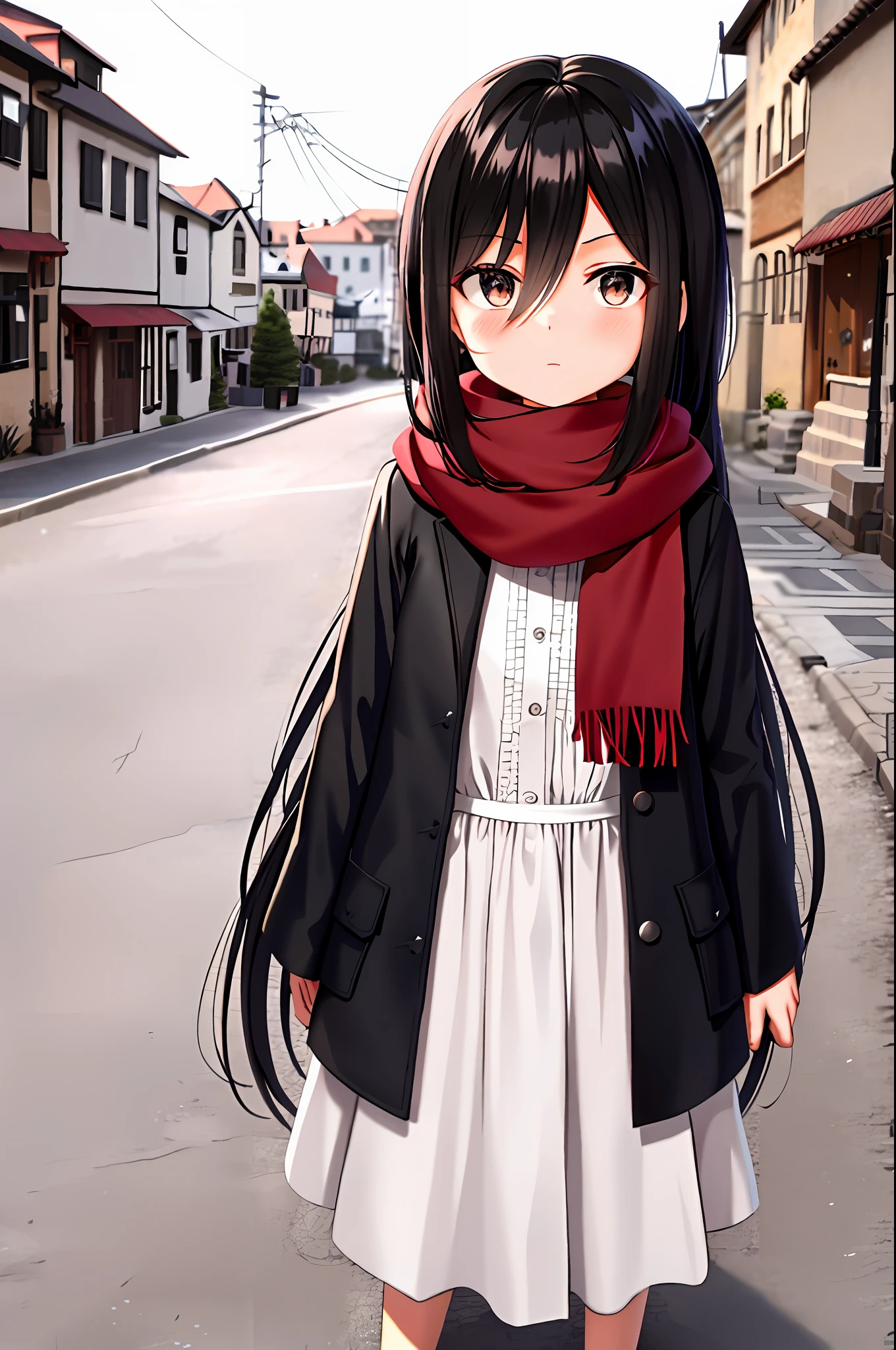 mikasa ackerman, young, kid age, child version, kid version, shingeki no kyojin, 1girl, very long hair, bangs, black eyes, black hair, hair between eyes, red scarf, scarf, solo, standing, straight hair, long hair, white dress, 1:5, outdoor, old town background,
, ((masterpiece))