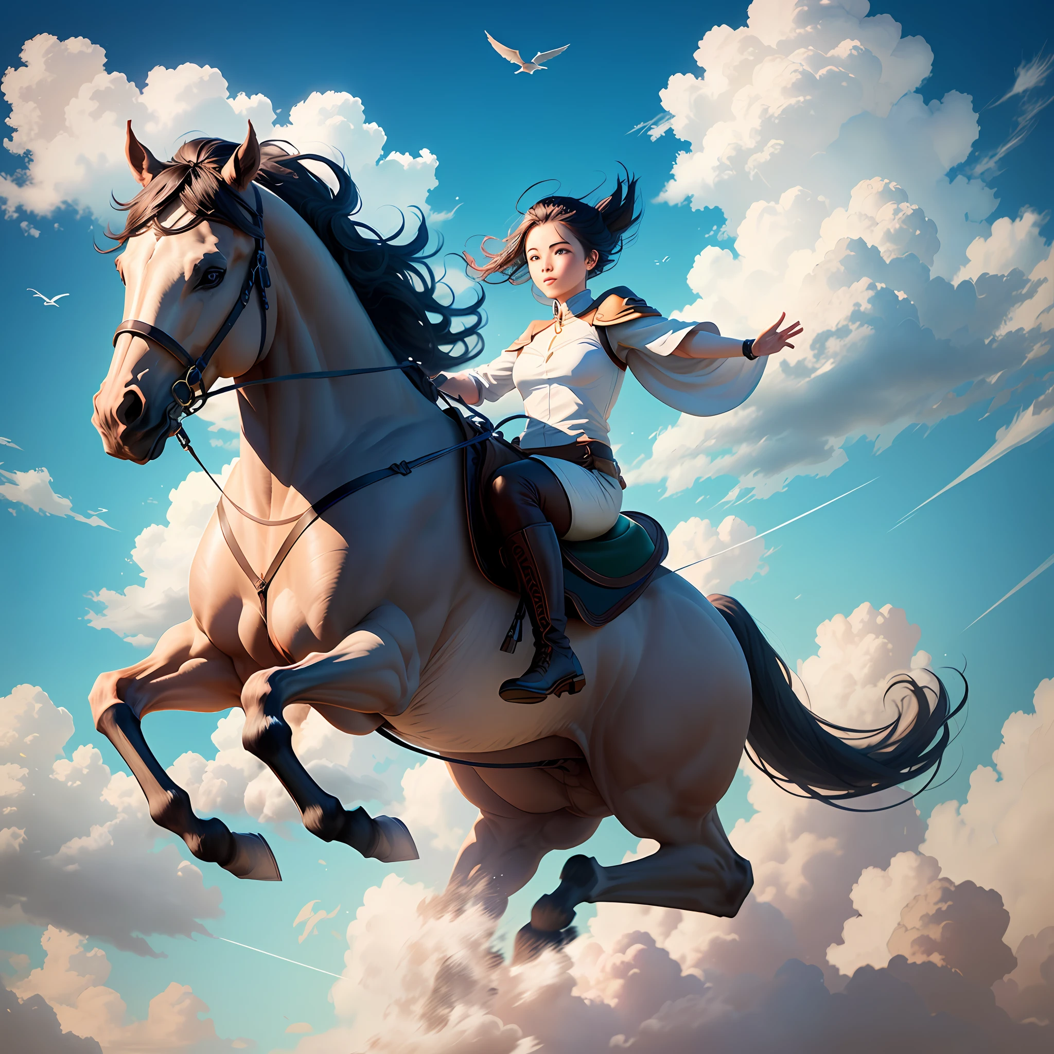 Please draw a flying horse galloping in the sun, with blue sky and white clouds in the background, and design it very cool