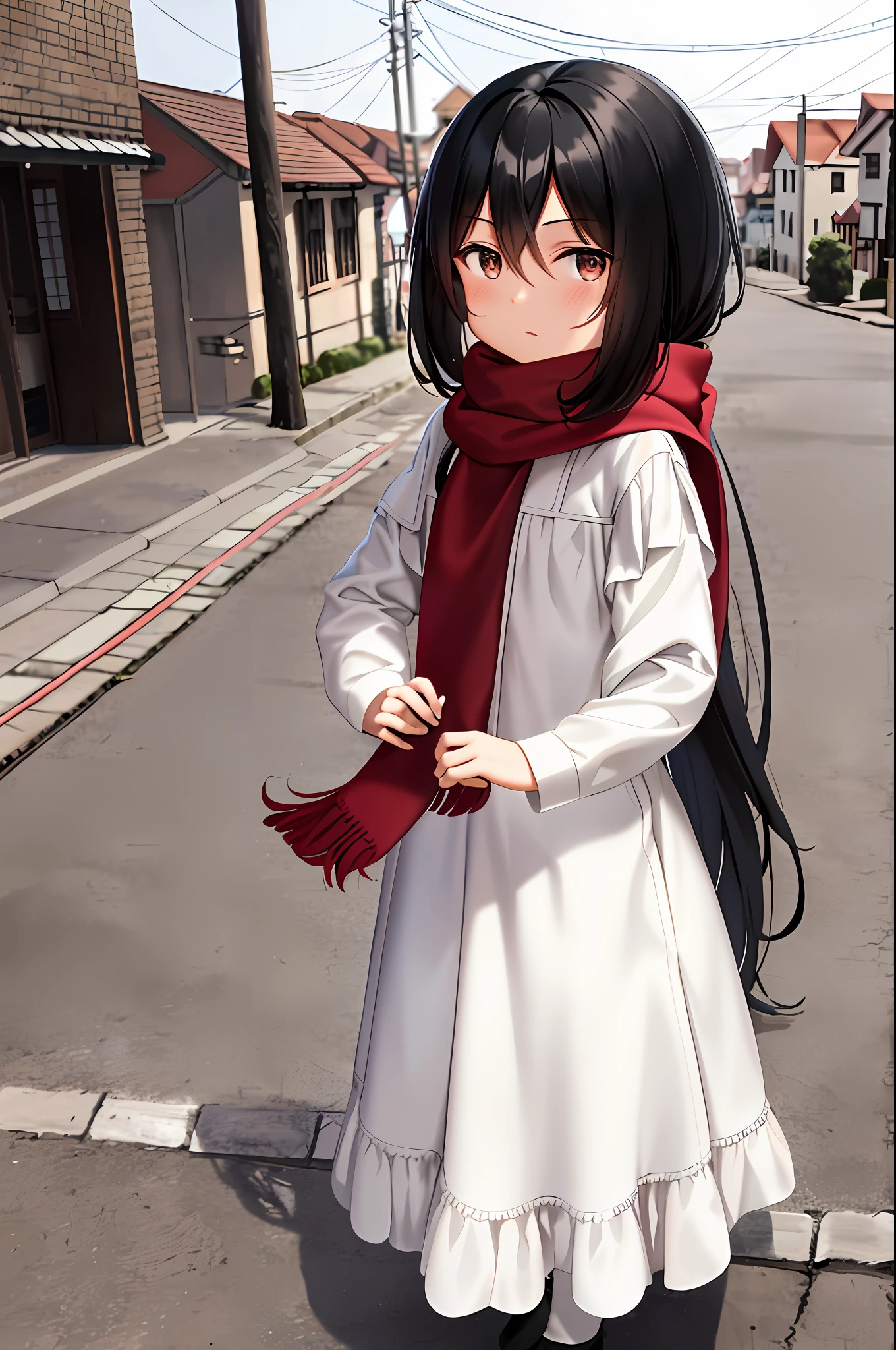 mikasa ackerman, young, ??? age, child version, ??? version, shingeki no kyojin, 1girl, very long hair, bangs, black eyes, black hair, hair between eyes, red scarf, scarf, solo, standing, straight hair, long hair, white dress, 1:5, outdoor, old town background,

, ((masterpiece))