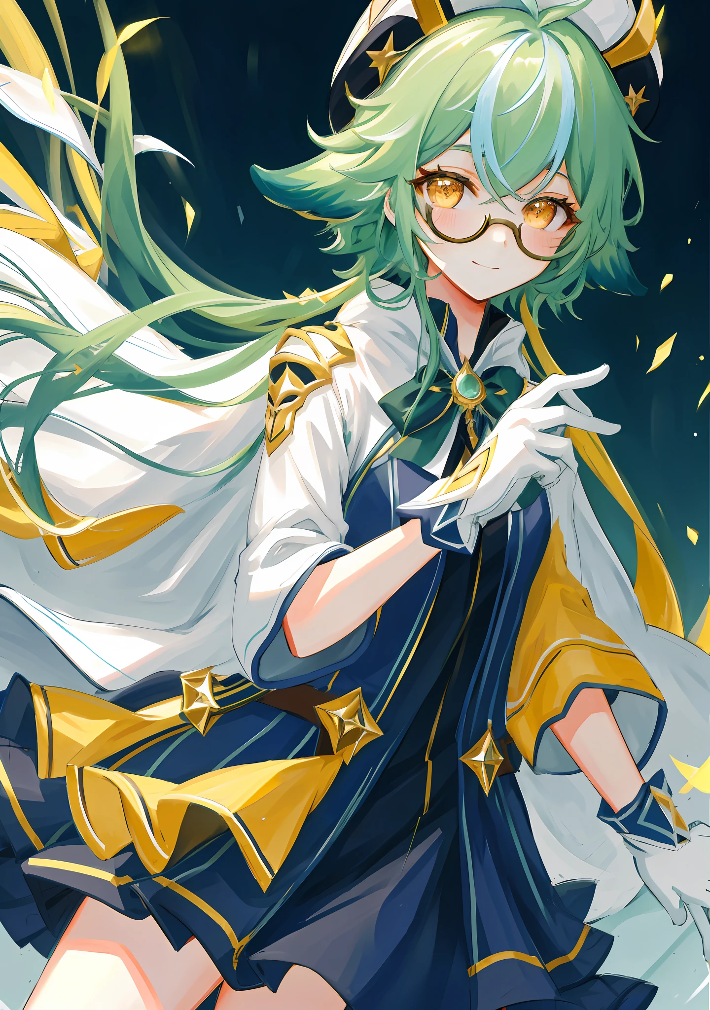 8k, super detail, masterpiece,super detail, high quality, high resolution, high detail, face detail, teal hair with animal ears, yellow eyes, wearing glasses, wearing hat, short hair, shy smile