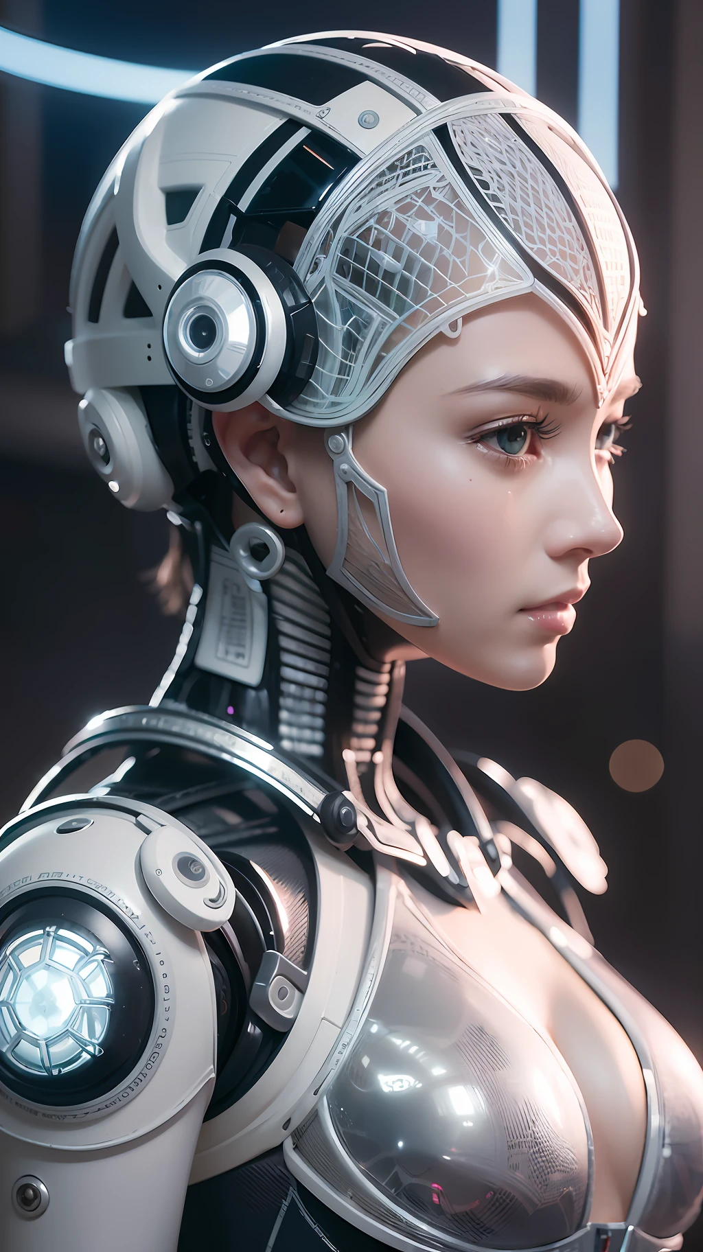 Intricate 3d rendering of highly detailed beautiful ceramic silhouette female robot face, robot, robot part, 150 mm, beautiful studio soft light, rim light, vibrant details, luxurious cyberpunk, lace, surreal, anatomy, facial muscles, cables wires, microchip, elegant, beautiful background, octane rendering, HR Giger style, 8k, best quality, masterpiece, illustration, very delicate and beautiful, very detailed, CG, unity, wallpaper , (fidelity, fidelity: 1.37), amazing, fine detail, masterpiece, best quality, official art, very detailed cg unity 8k wallpaper, absurd, unbelievably absurd, robot, silver helmet, full body