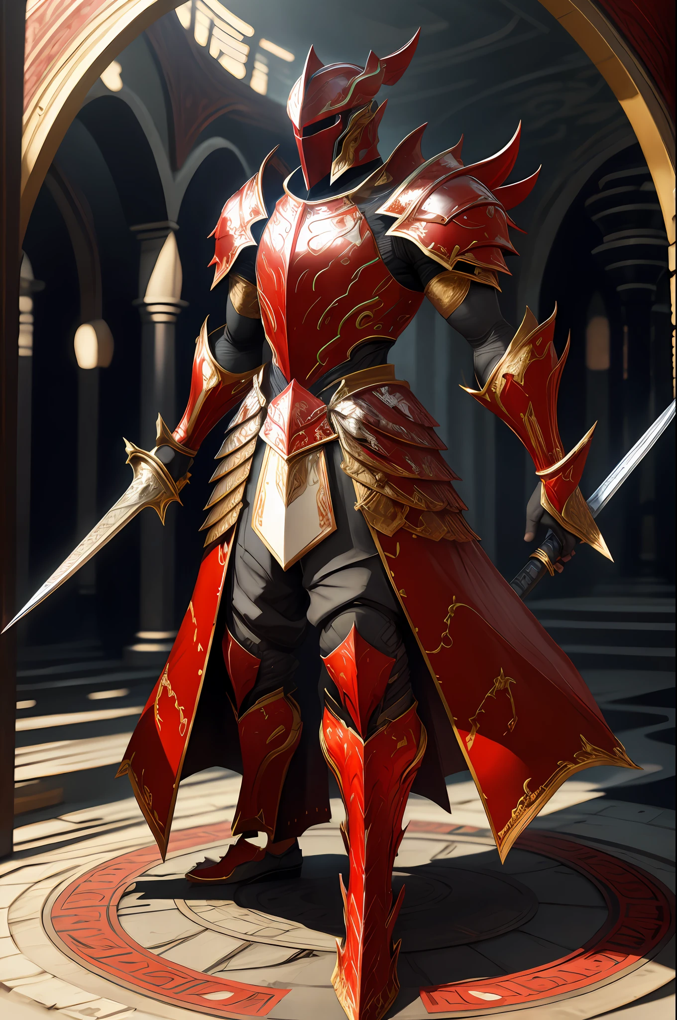 masterpiece, best quality, 1 man, armor, full body, looking at the viewer, vibrant red armor with black details,bearing,sword and shield.