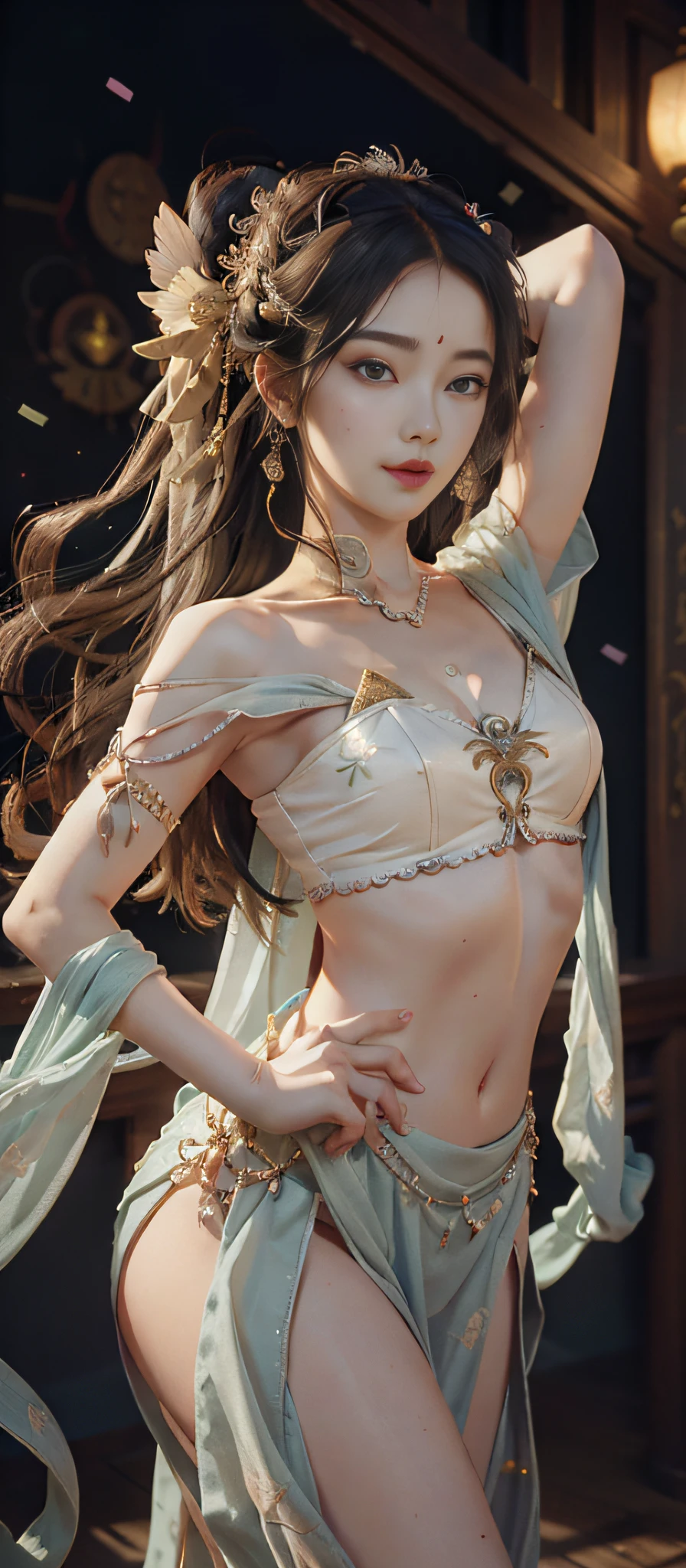 Dunhuang style, 1girle, (realistic, photorealistic :1.3), (((dance))), extremely delicate beautiful girl, supple fair skin, delicate facial features, perfect face, light makeup, peach blossom eye makeup, sexy collarbone, portrayed hand details, delicate hands, delicate eyelashes, delicate eyes, bare shoulders, stunning beauty, extreme details, realistic details, best quality, highly detailed, masterpiece, shoulder, navel, flying pipa girl, The background is a Dunhuang mural, dance moves, one hand raised above the head, One hand stretched forward, Buddhist pose, gray hair, long hair, complex hair accessories, Chinese hairpins, fluttering ribbons, dynamic perspective, hair bubbles, flowers on the head, gradient eyes, smile, surrealism, high detail, romanticism, cinematic lighting, glitter, reflected light, UHD, retina, masterpiece, super detail, textured skin, anatomically correct, high detail, best quality, high resolution, high quality, award-winning, 8K