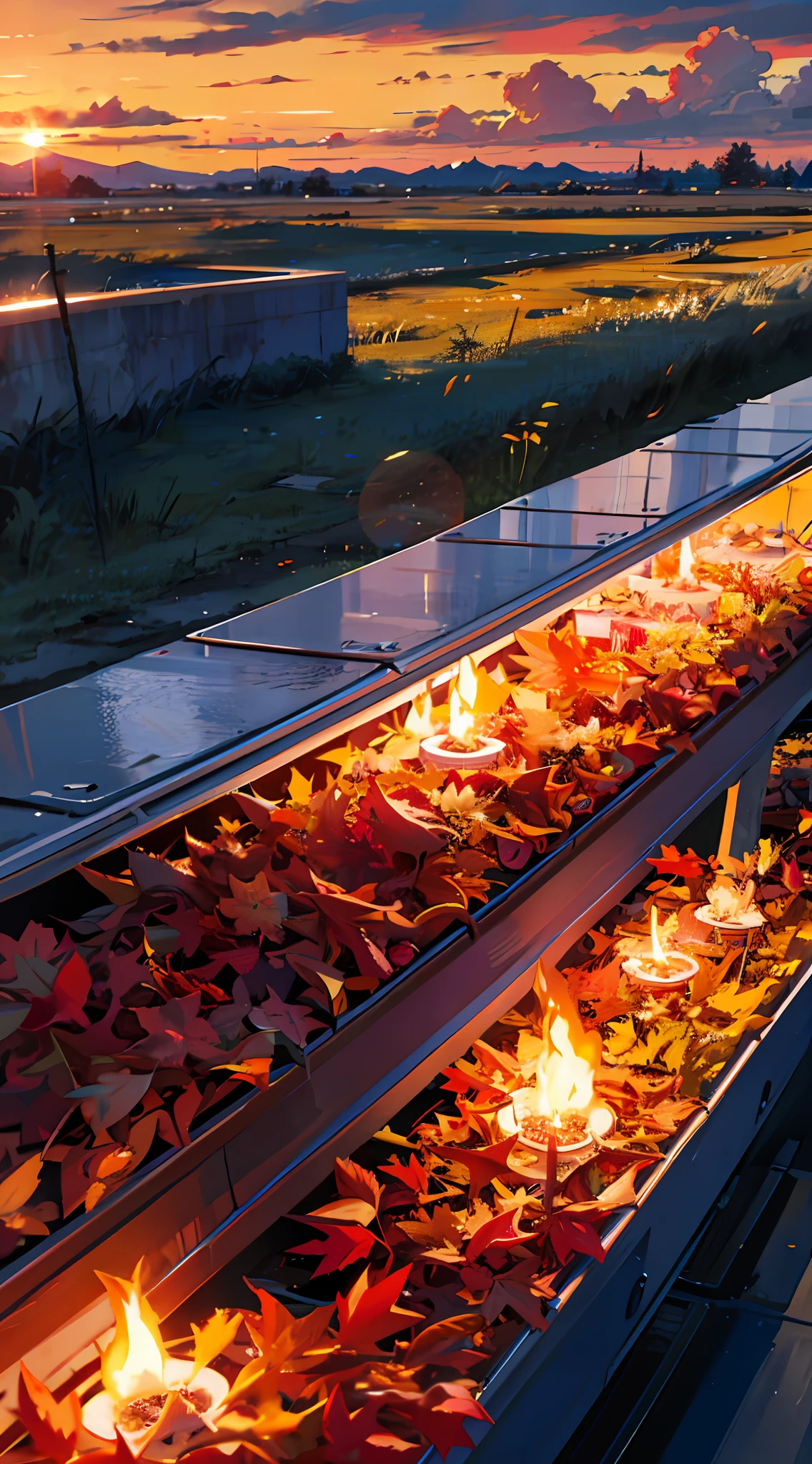 Autumn, Burning Clouds, Sunset: 2, Sunlight, Wide Field of View, Low Angle Shot, Best Quality, 8K, Perspective, Depth of Field, High Resolution, Fine Detail, Ultra Detail, Sharp Focus