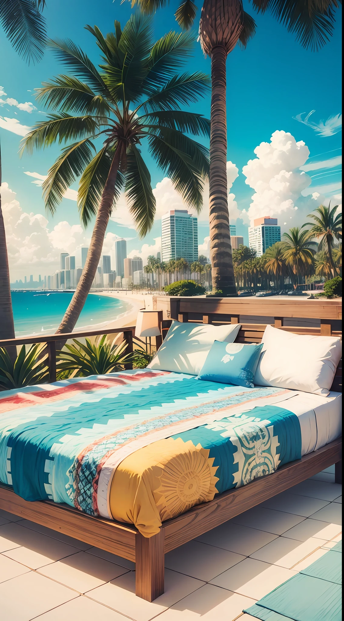 Sun, bed, quilt, pillow, palm trees, city in the background, sea --auto --s2
