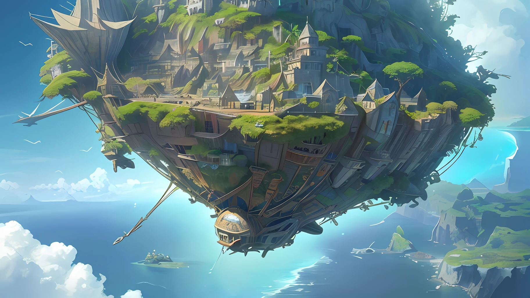 Many islands are suspended in the air with many small airships flying around, cities, fantasy, magical plants growing, extreme details, realistic light, epic composition, (complex details), (complex design, ultra-details :1.2), Art Station, (Masterpiece, Best Quality), Ultra HD, 32k --v 6