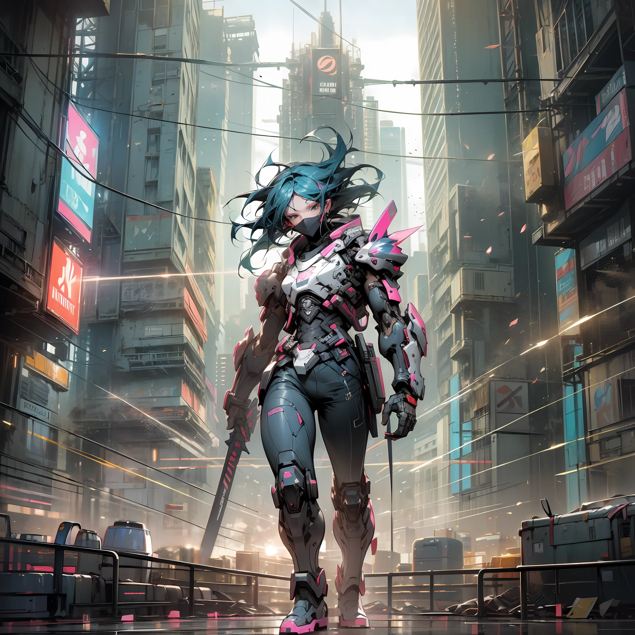 (Masterpiece, best quality: 1.4), cinematic light, colorful, high contrast, cyberpunk, neon, city, cityscape, (day: 1.2), sky, sunlight, battle scene, ninja --auto --s2