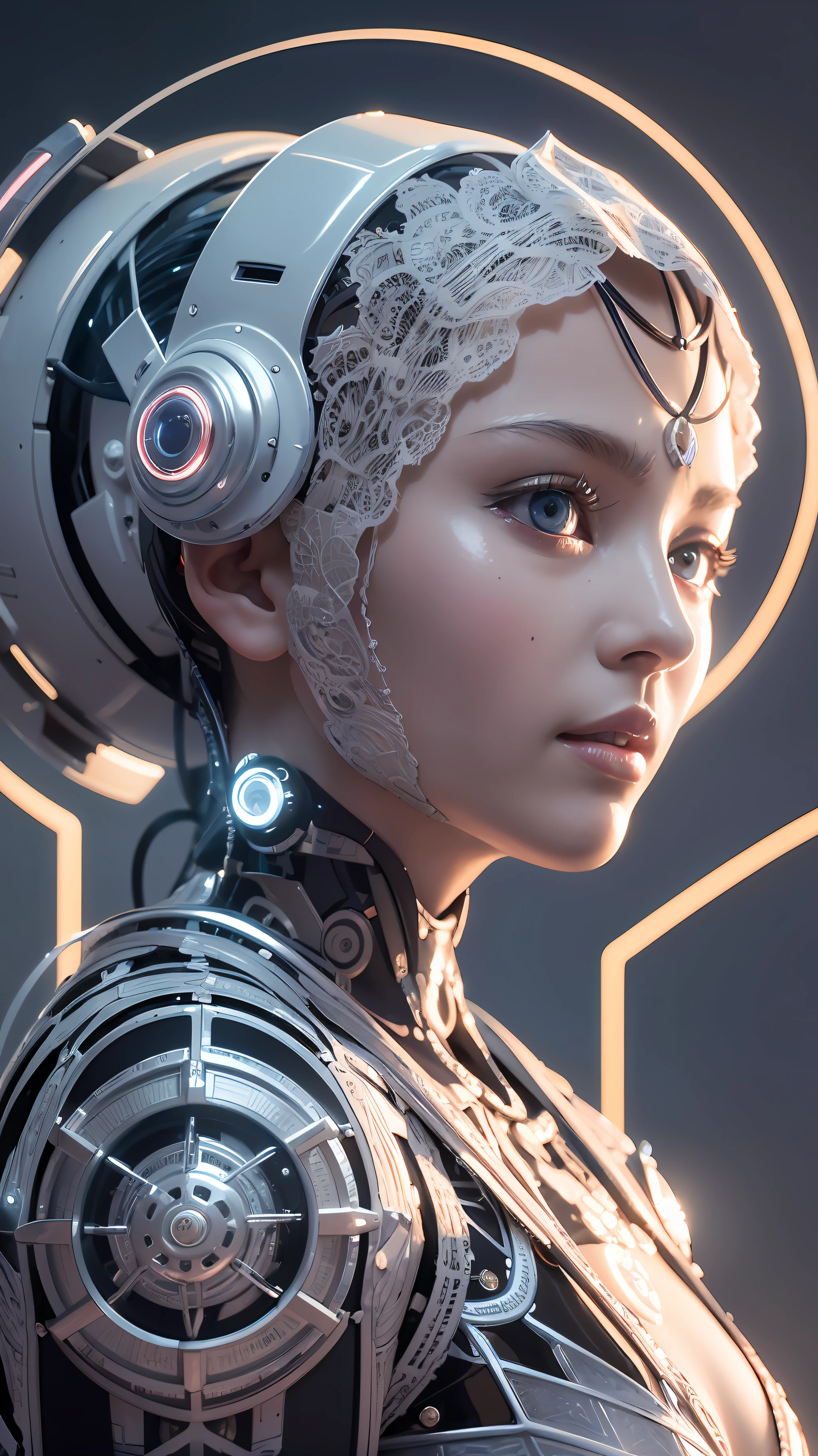 Intricate 3d rendering of highly detailed beautiful ceramic silhouette female robot face, robot, robot part, 150 mm, beautiful studio soft light, rim light, vibrant details, luxurious cyberpunk, lace, surreal, anatomy, facial muscles, cables wires, microchip, elegant, beautiful background, octane rendering, HR Giger style, 8k, best quality, masterpiece, illustration, very delicate and beautiful, very detailed, CG, unity, wallpaper , (fidelity, fidelity: 1.37), amazing, fine detail, masterpiece, best quality, official art, very detailed cg unity 8k wallpaper, absurd, unbelievably absurd, robot, silver helmet, full body