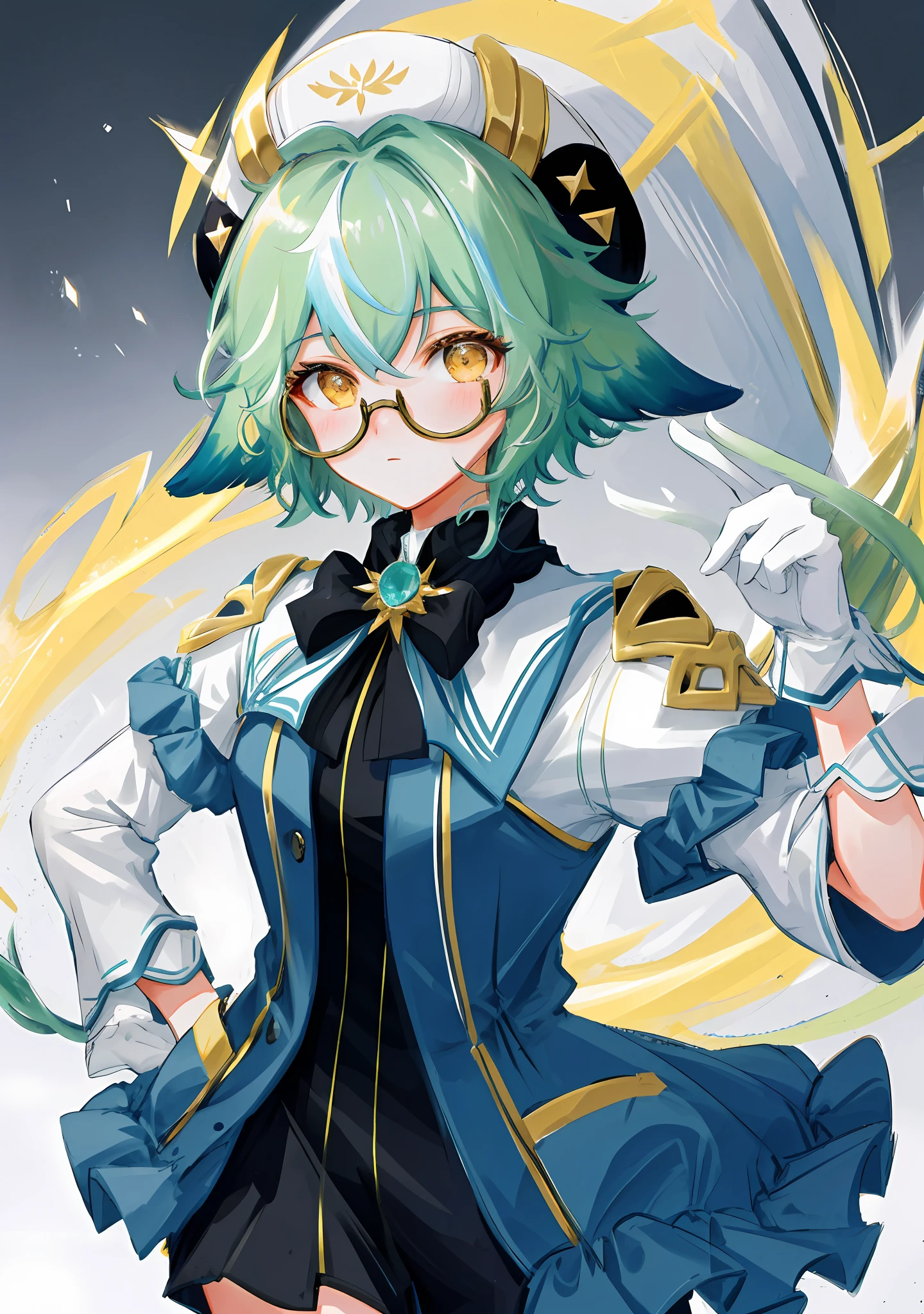 8k, super detail, masterpiece,super detail, high quality, high resolution, high detail, face detail, teal hair with animal ears, yellow eyes, wearing glasses, wearing hat, short hair, shy
