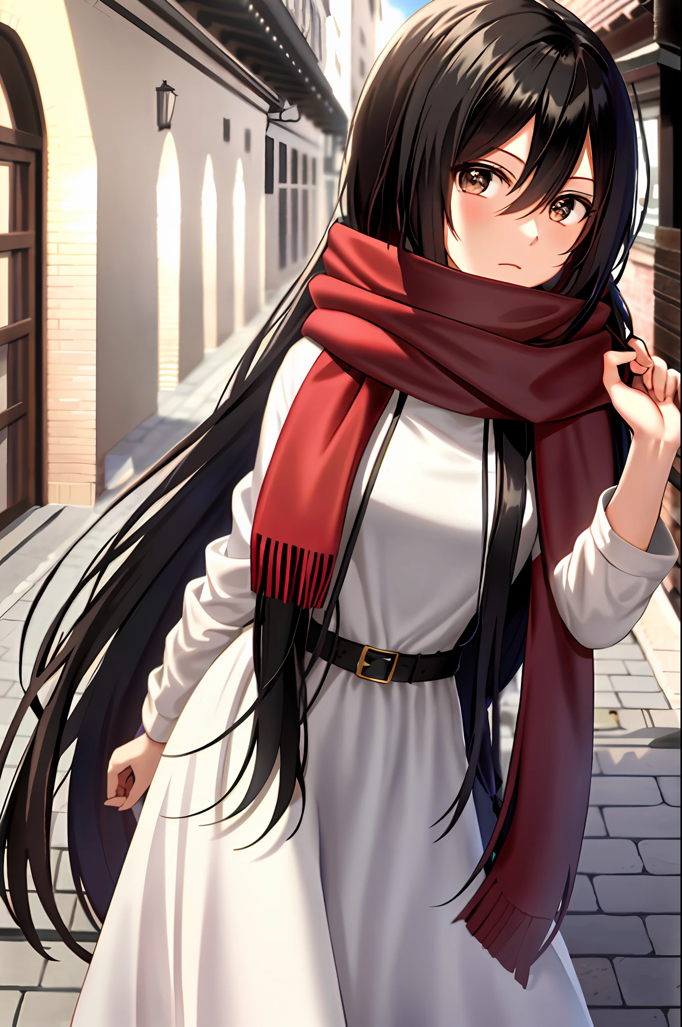 mikasa ackerman, young, teen, teenage version, shingeki no kyojin, 1girl, very long hair, bangs, black eyes, black hair, hair between eyes, red scarf, scarf, solo, standing, straight hair, long hair, white dress, 1:5, outdoor, old town background,

, ((masterpiece))