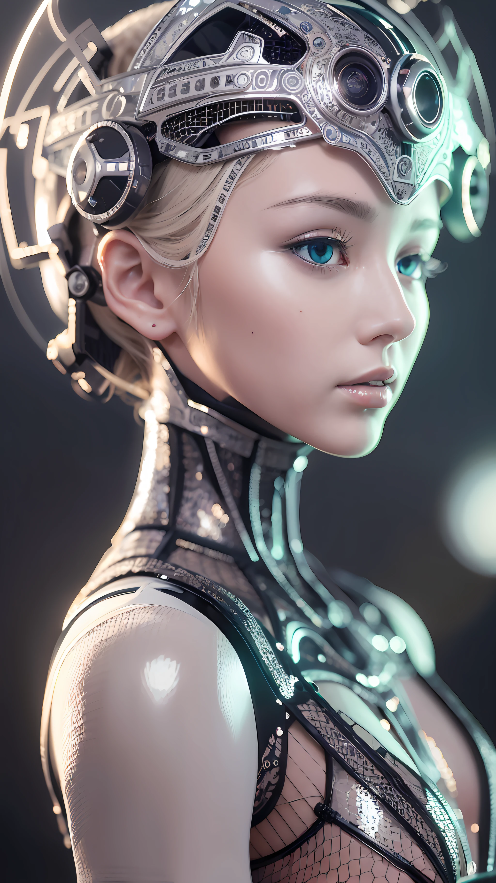 Intricate 3d rendering of highly detailed beautiful ceramic silhouette female robot face, robot, robot part, 150 mm, beautiful studio soft light, rim light, vibrant details, luxurious cyberpunk, lace, surreal, anatomy, facial muscles, cables wires, microchip, elegant, beautiful background, octane rendering, HR Giger style, 8k, best quality, masterpiece, illustration, very delicate and beautiful, very detailed, CG, unity, wallpaper , (fidelity, fidelity: 1.37), amazing, fine detail, masterpiece, best quality, official art, very detailed cg unity 8k wallpaper, absurd, unbelievably absurd, robot, silver helmet, full body