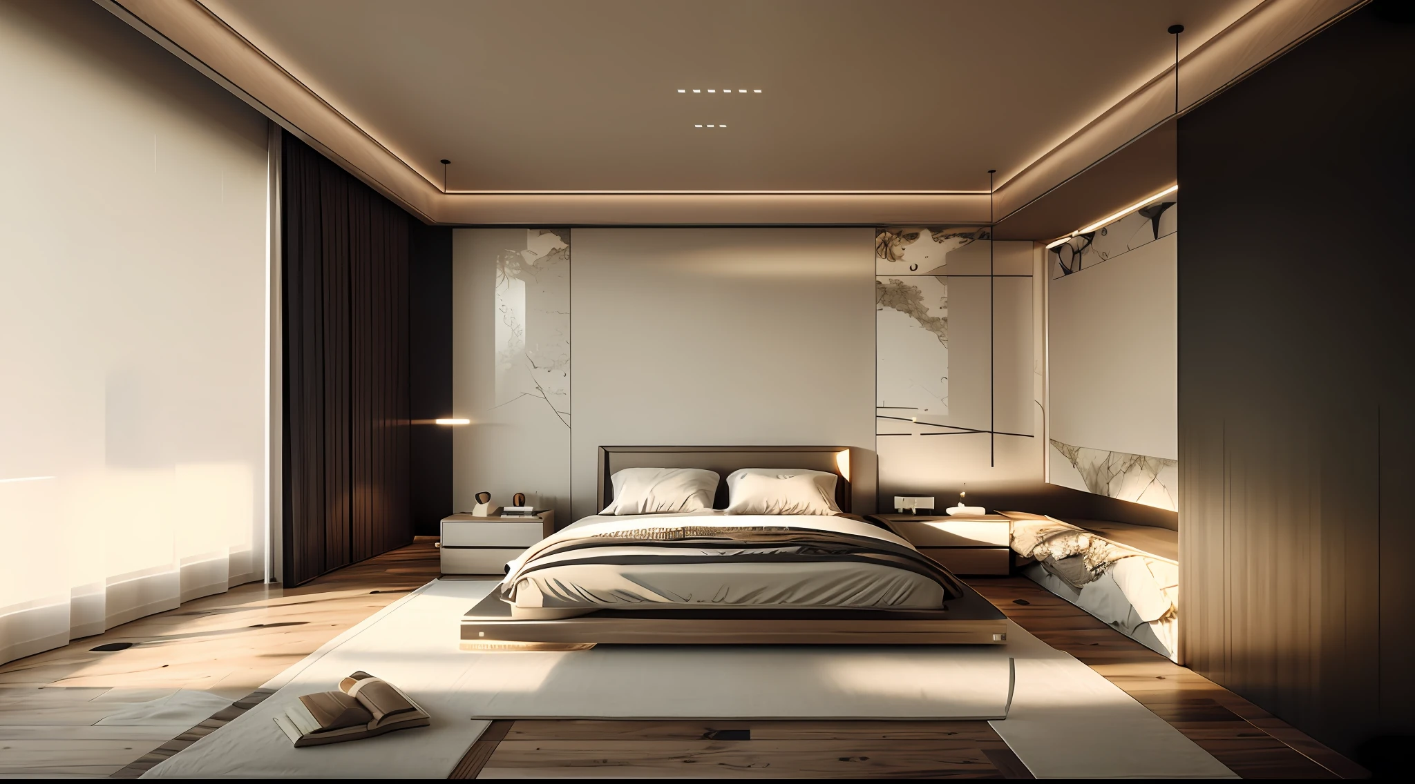Master masterpiece, Italian minimalist style, wooden floor and light carpet, bedroom with bed and bedside table and window, bedroom background wall