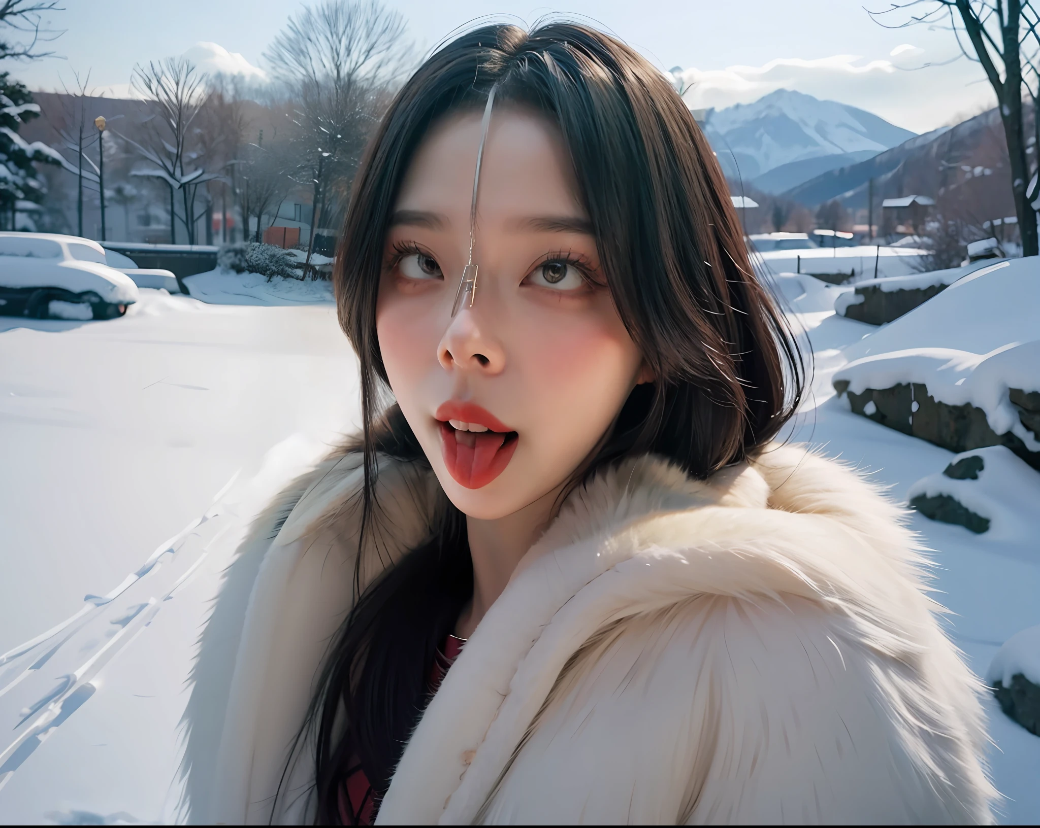 Girls, mink coats, big breasts, winter, snow, outdoors