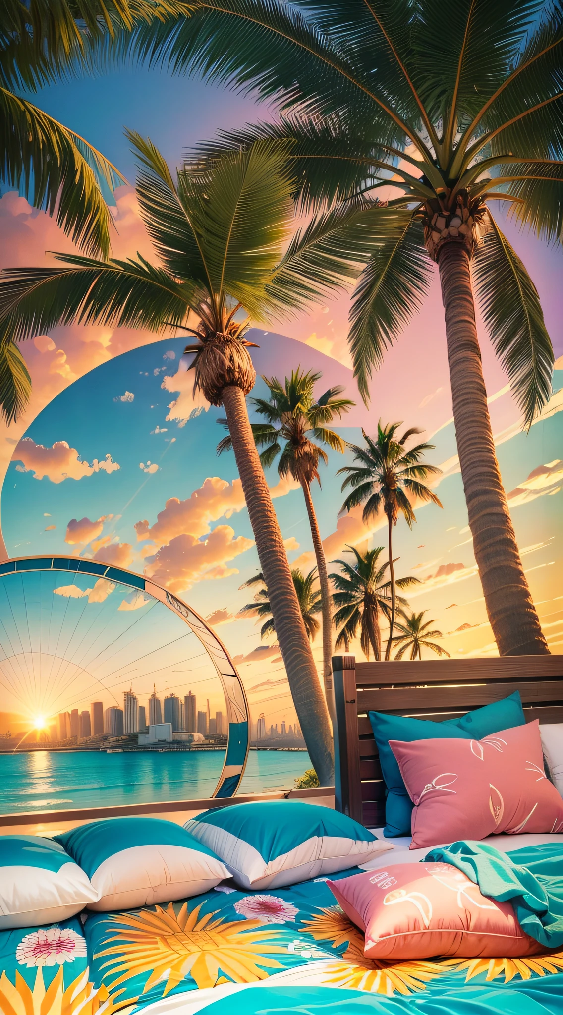 Sun, bed, quilt, pillow, palm trees, city in the background, sea --auto --s2