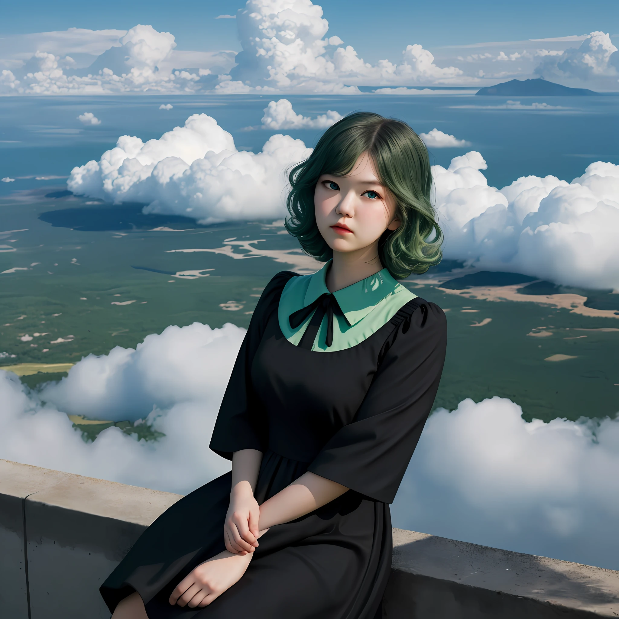 photorealistic,masterpiece, best quality,photorealistic,masterpiece, best quality,from above,1girl, a little fat,solo,tatsumaki, unamused, closed mouth, looking at viewer, crossed arms, black dress, blue sky, clouds,collared black dress, green eyes,