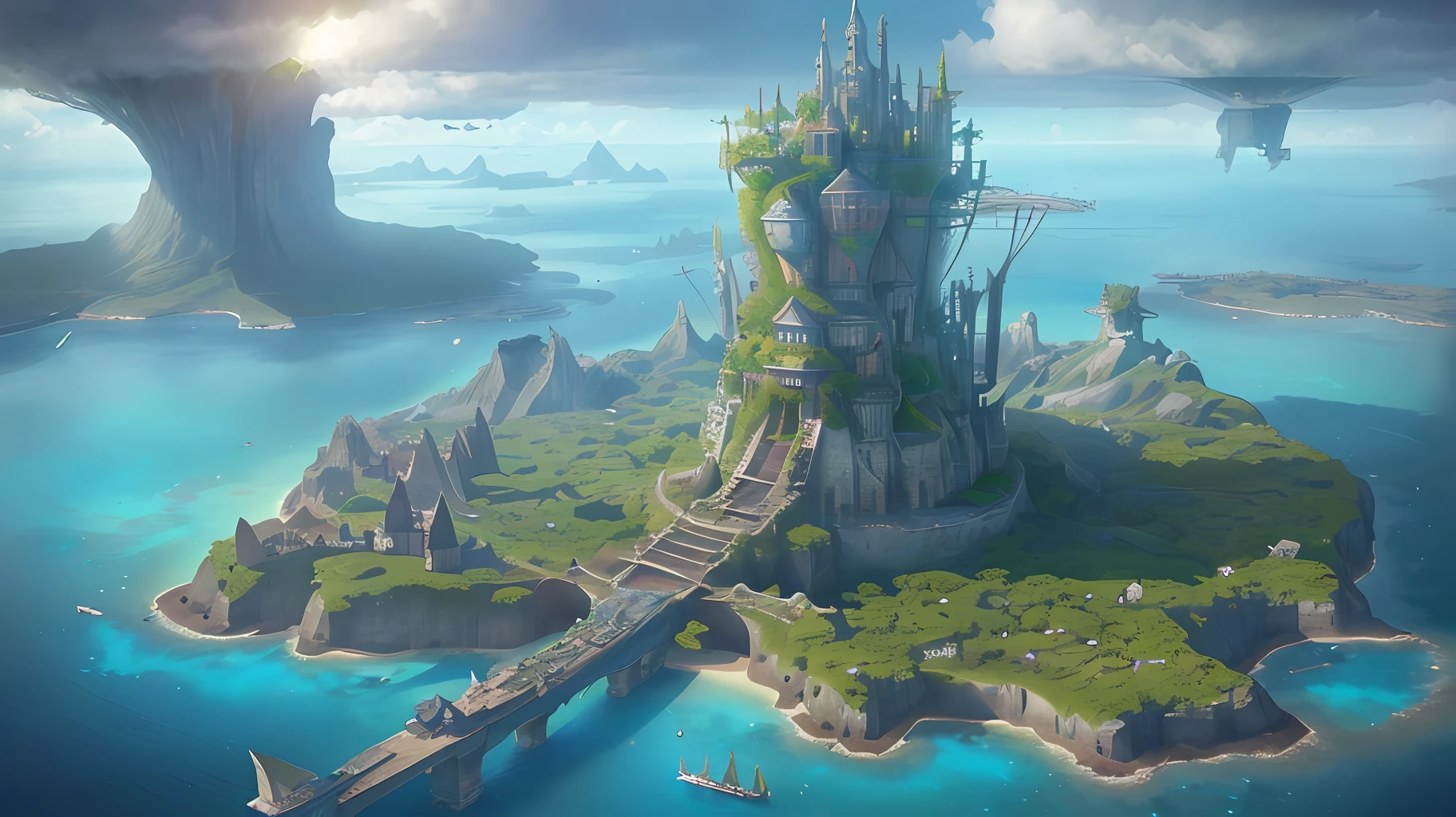 Many islands are suspended in the air with many small airships flying around, cities, fantasy, magical plants growing, extreme details, realistic light, epic composition, (complex details), (complex design, ultra-details :1.2), Art Station, (Masterpiece, Best Quality), Ultra HD, 32k --v 6
