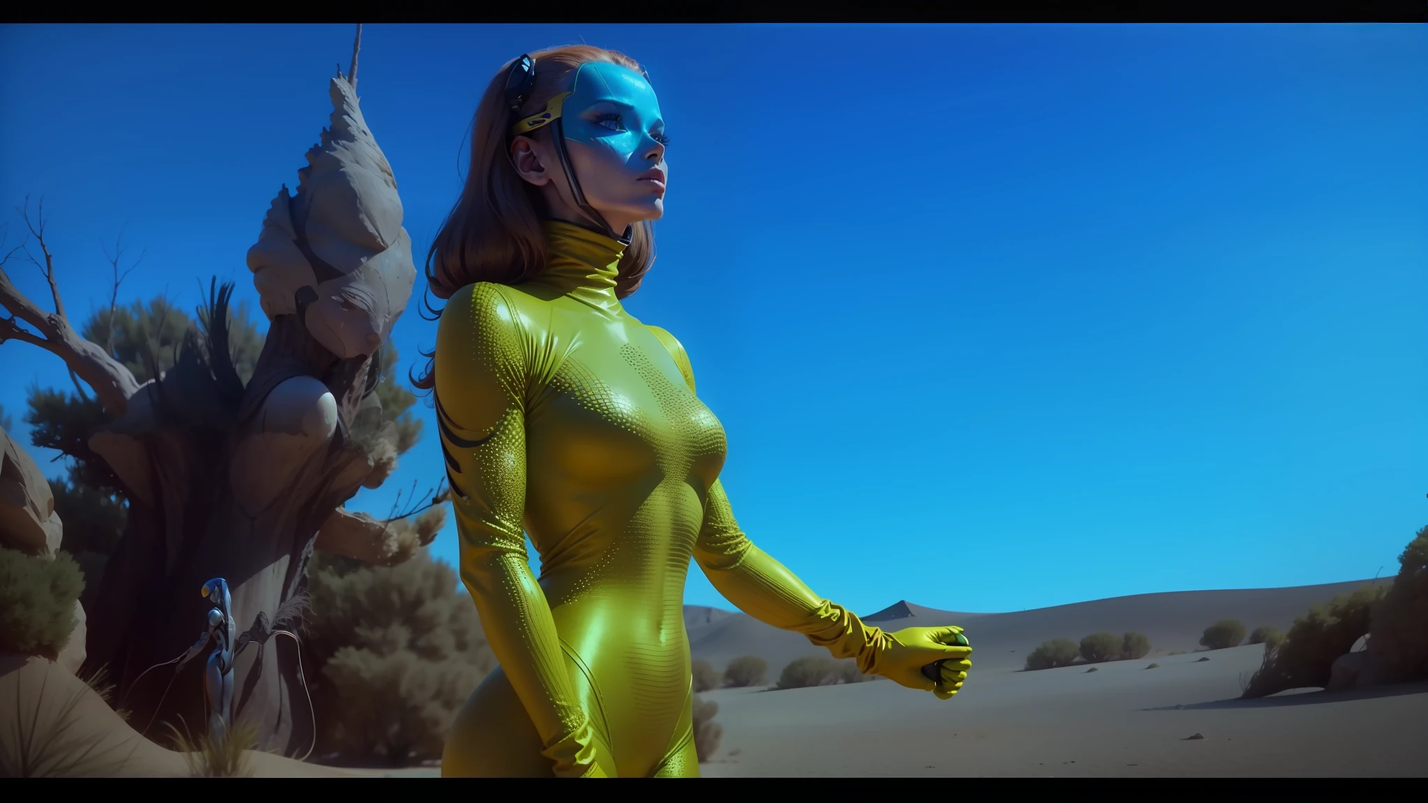 araffe in a yellow bodysuit standing next to a tree, still from movie dune, still from a music video, movie still of the alien girl, film still from movie dune-2021, “ femme on a galactic shore, sci - fi film still, die antwoord music video, movie still of a alien cyborg --auto --s2