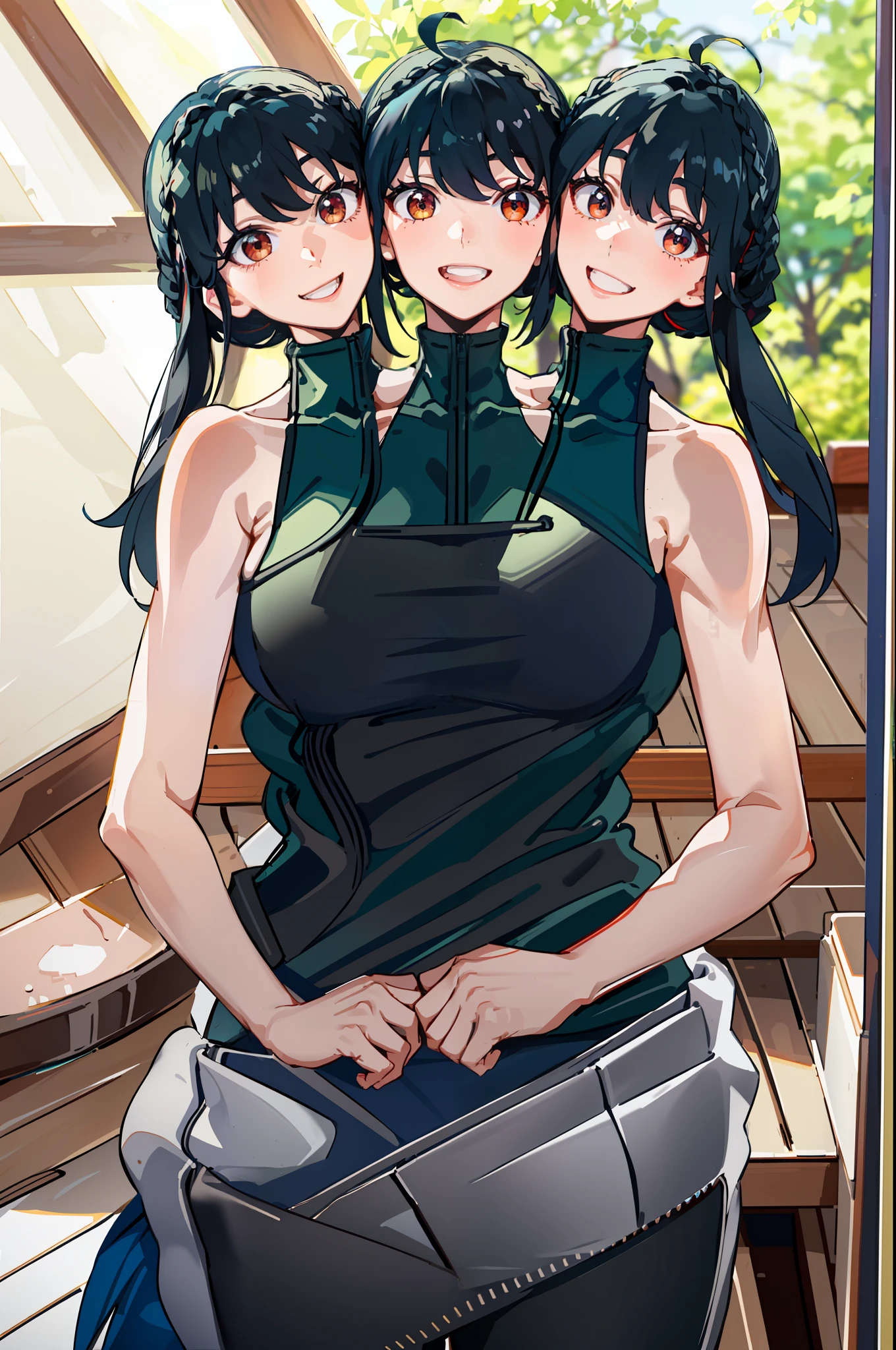 3heads, best quality, masterpiece
3 girls, black hair, identical hair color, smiling, necks side by side, three necks on shoulders, running, tanktop, sweatpants, outdoors
((three heads, 3head):1.5)