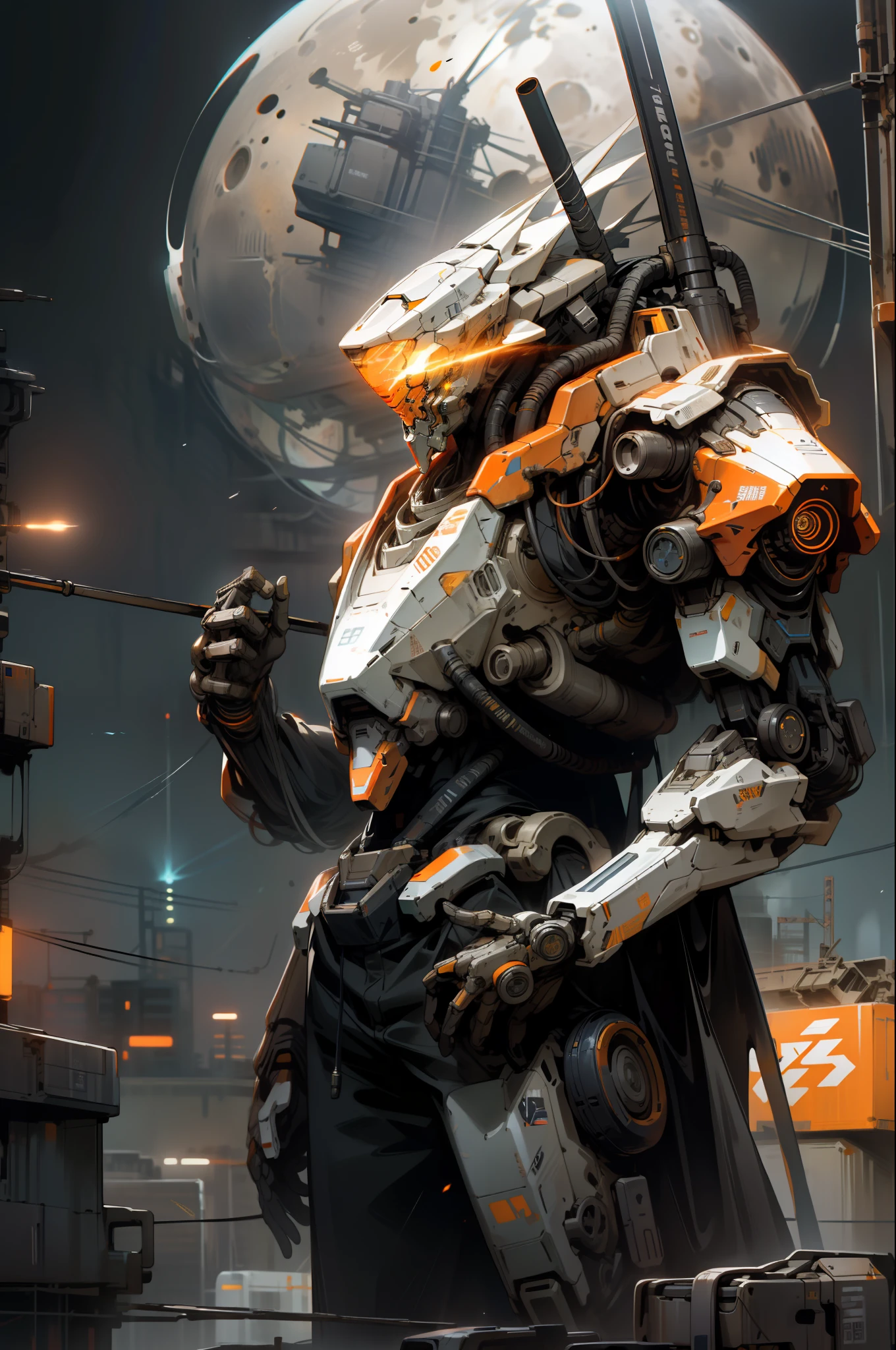 On the moon,barren planets, ruins, holding_weapon, no_humans, glowing, robot, building, glowing_eyes,orange mecha, science_fiction, city, realistic,mecha,Milky Way Galaxy background,neon,cyberpunk,