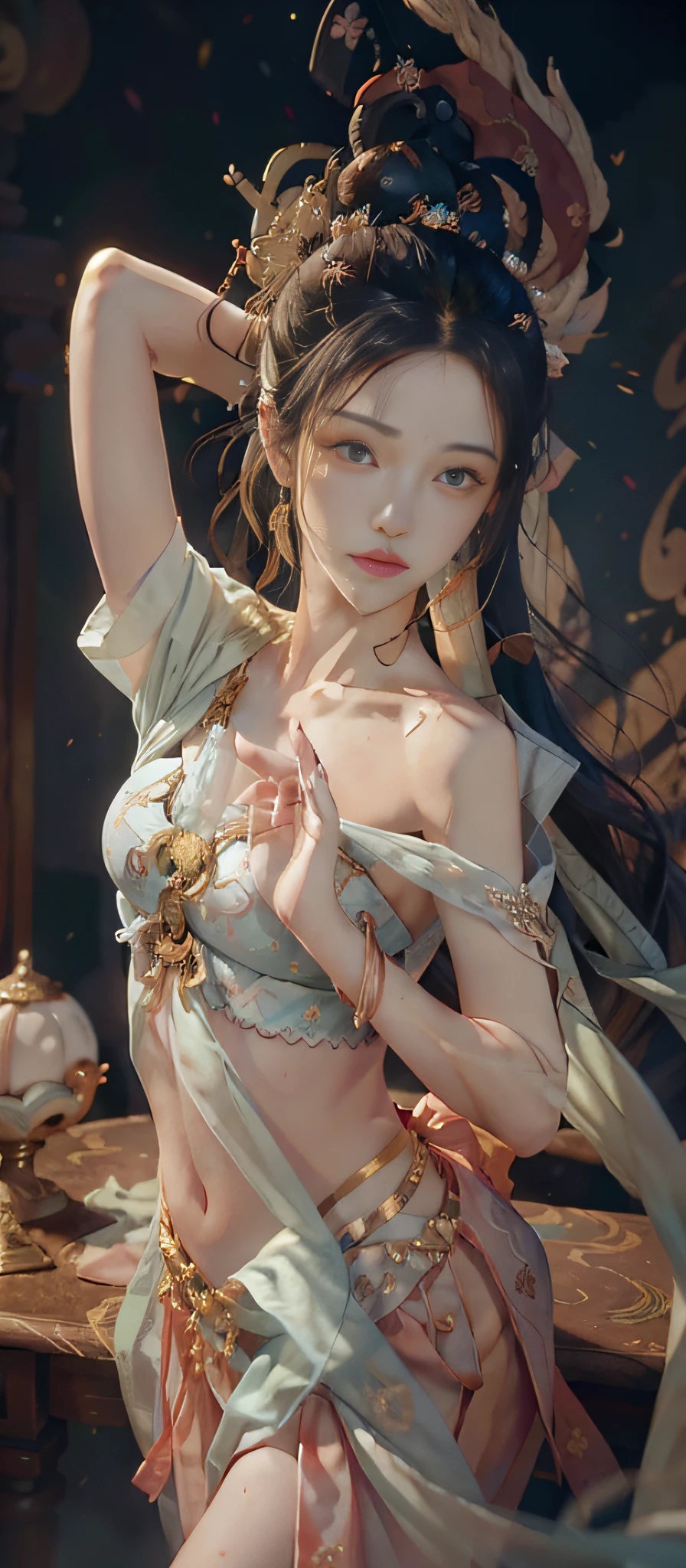 Dunhuang style, 1girle, (realistic, photorealistic :1.3), (((dance))), extremely delicate beautiful girl, supple fair skin, delicate facial features, perfect face, light makeup, peach blossom eye makeup, sexy collarbone, portrayed hand details, delicate hands, delicate eyelashes, delicate eyes, bare shoulders, stunning beauty, extreme details, realistic details, best quality, highly detailed, masterpiece, shoulder, navel, flying pipa girl, The background is a Dunhuang mural, dance moves, one hand raised above the head, One hand stretched forward, Buddhist pose, gray hair, long hair, complex hair accessories, Chinese hairpins, fluttering ribbons, dynamic perspective, hair bubbles, flowers on the head, gradient eyes, smile, surrealism, high detail, romanticism, cinematic lighting, glitter, reflected light, UHD, retina, masterpiece, super detail, textured skin, anatomically correct, high detail, best quality, high resolution, high quality, award-winning, 8K