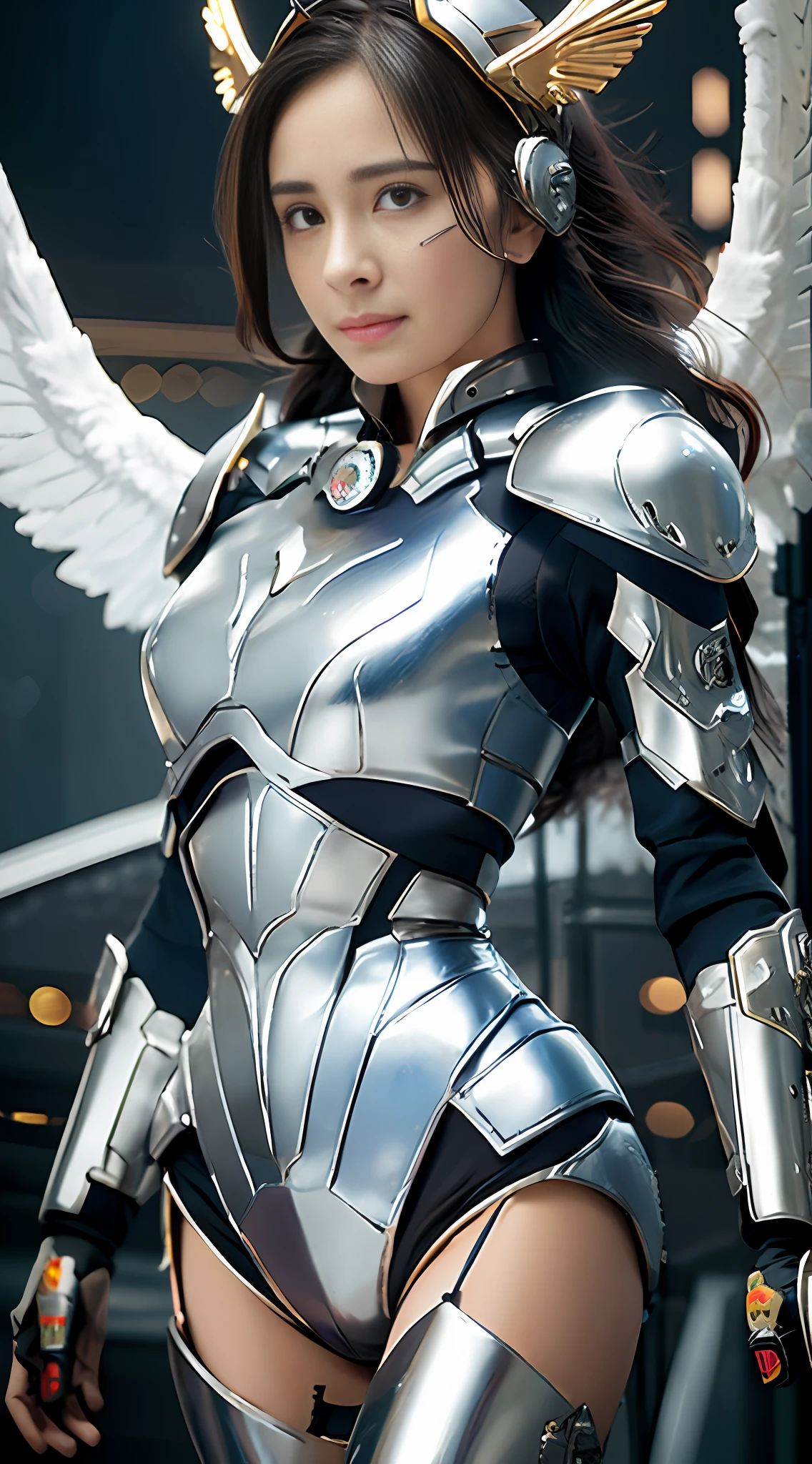 Masterpiece, (Best Quality), Highly Detailed, Ultra Detailed, 1 Girl, (Mechanical Wings: Golden, Glowing Eyes: Blue, Silver Armor: 1.2, Elongated Ears: 0.8), (Cyberpunk: 1.5, Weapon: Energy Blade), (Fantasy Landscape: 1.2, Natural Light: 1.5, Confident Expression), (Panorama: 1.2), Mecha, Smile, Angle, Angel, Wings, Long Hair