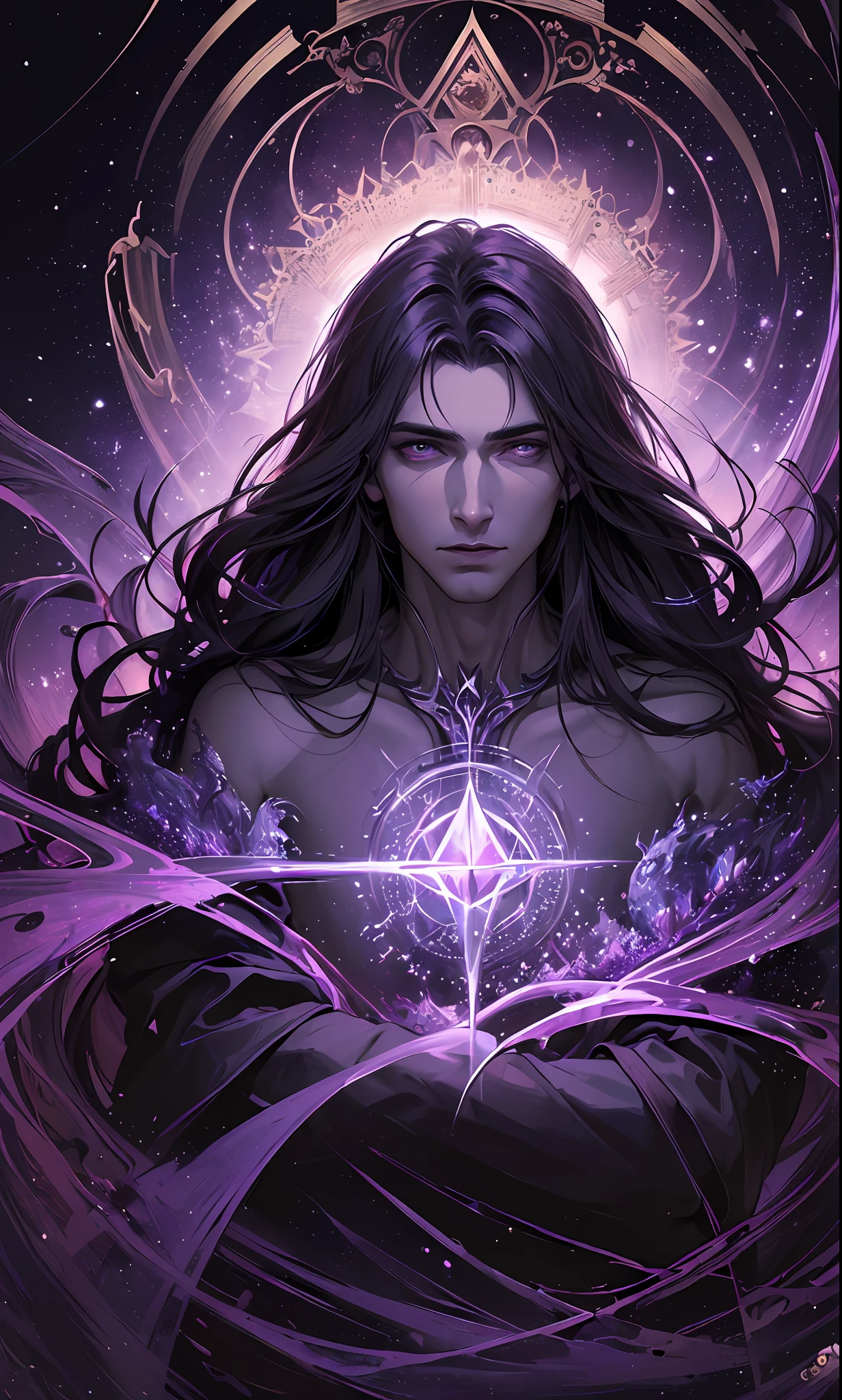 (masterpiece, best quality:1.4),(absurdres, highres, ultra detailed:1.2), (1 handsome man:1.4),(using dark magic:1.4),purple magic,playful illustrations, imaginative overlays, artistic fusion,fantastical scenes, evocative narratives, striking visuals, upper body