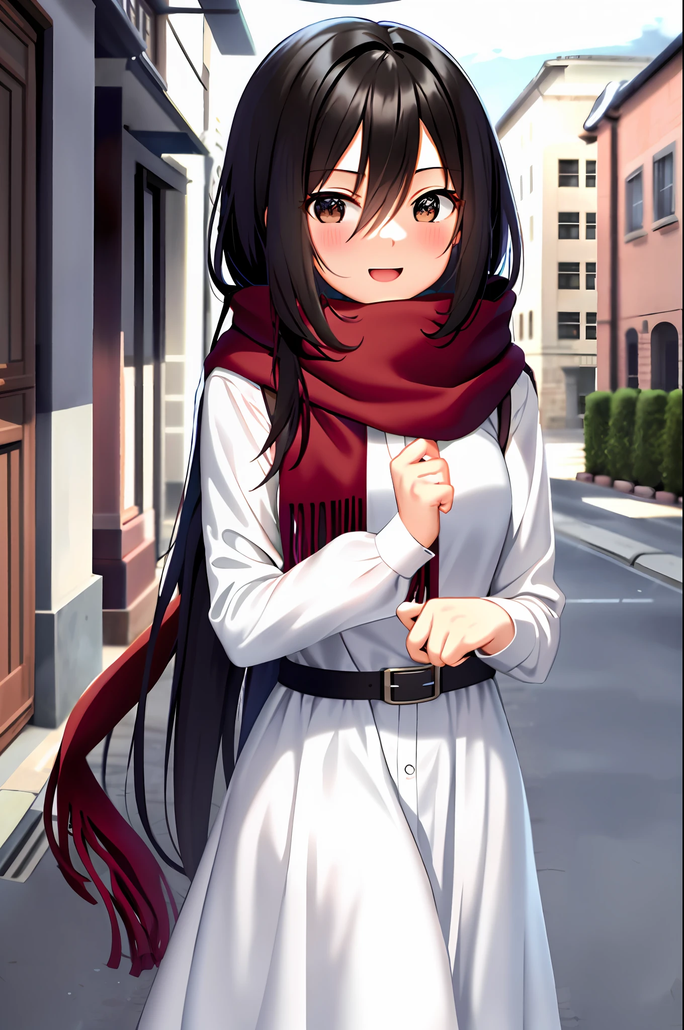 mikasa ackerman, young, , teenversion, shingeki no kyojin, 1girl, very long hair, bangs, black eyes, black hair, hair between eyes, red scarf, scarf, solo, standing, straight hair, long hair, white dress, 1:5, outdoor, old town background, smile, blush, shy, sexy pose,
, ((masterpiece))