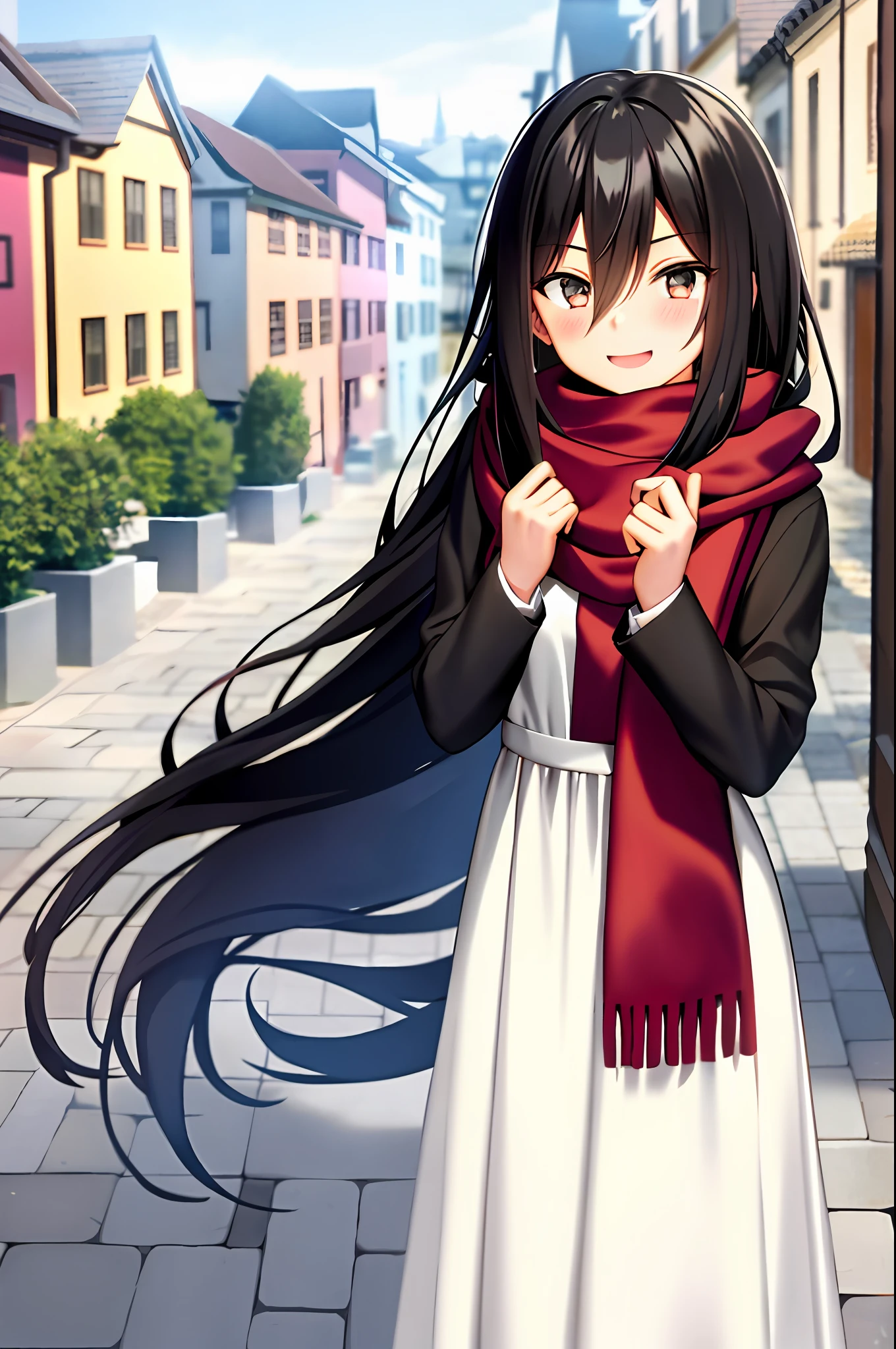 mikasa ackerman, young, teen, teenage version, shingeki no kyojin, 1girl, very long hair, bangs, black eyes, black hair, hair between eyes, red scarf, scarf, solo, standing, straight hair, long hair, white dress, 1:5, outdoor, old town background, smile, blush, shy, sexy pose,

, ((masterpiece))