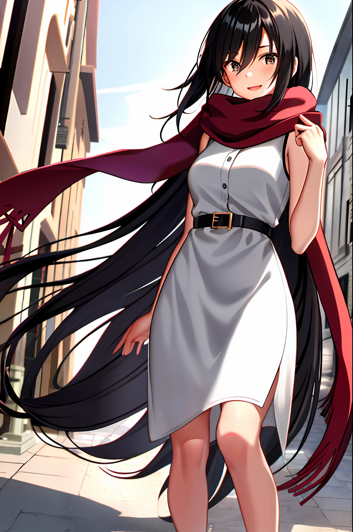 mikasa ackerman, young, , teenversion, shingeki no kyojin, 1girl, very long hair, bangs, black eyes, black hair, hair between eyes, red scarf, scarf, solo, standing, straight hair, long hair, white dress, 1:5, outdoor, old town background, smile, blush, shy, sexy pos
, ((masterpiece))