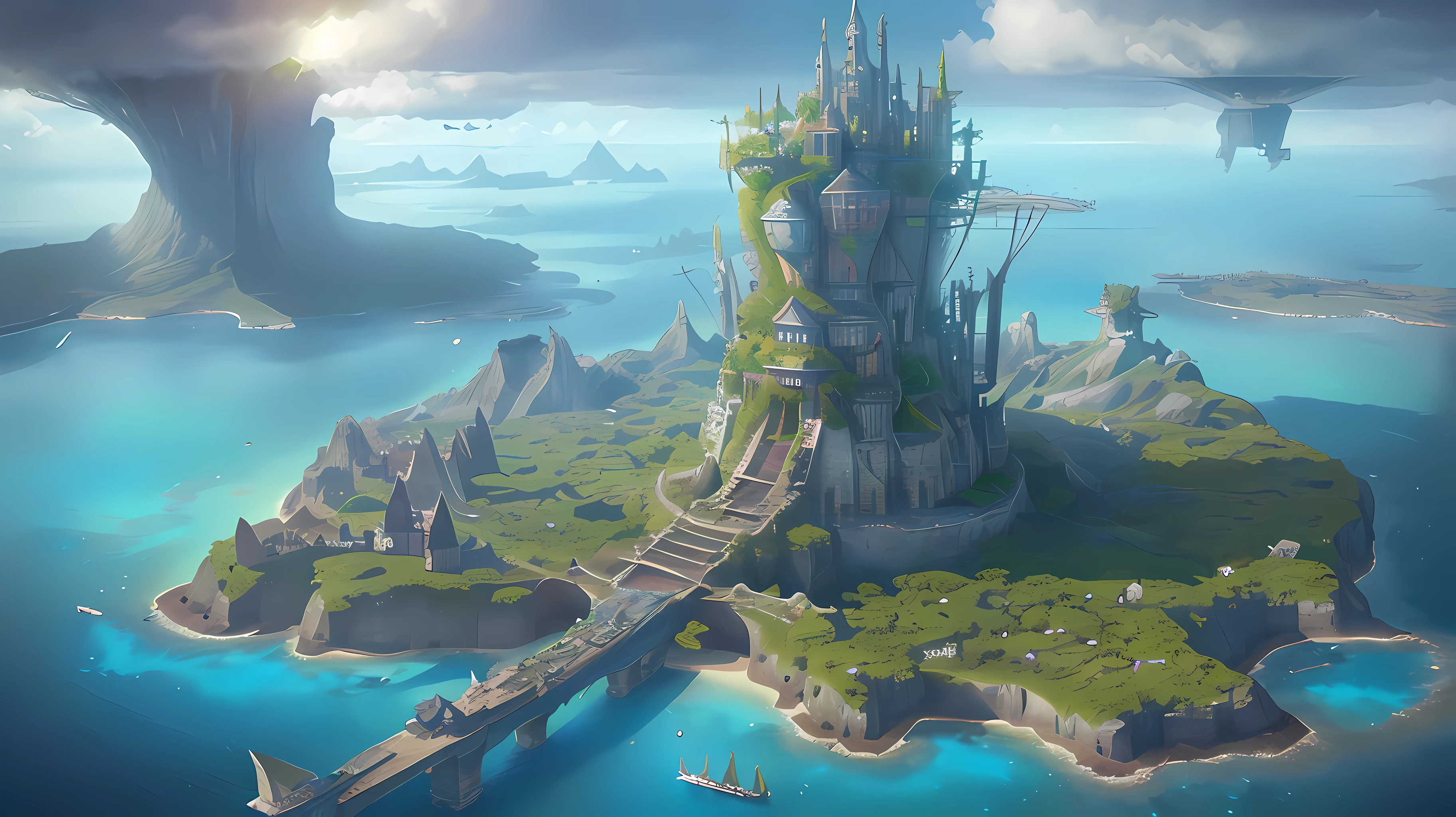 Many islands are suspended in the air with many small airships flying around, cities, fantasy, magical plants growing, extreme details, realistic light, epic composition, (complex details), (complex design, ultra-details :1.2), Art Station, (Masterpiece, Best Quality), Ultra HD, 32k --v 6