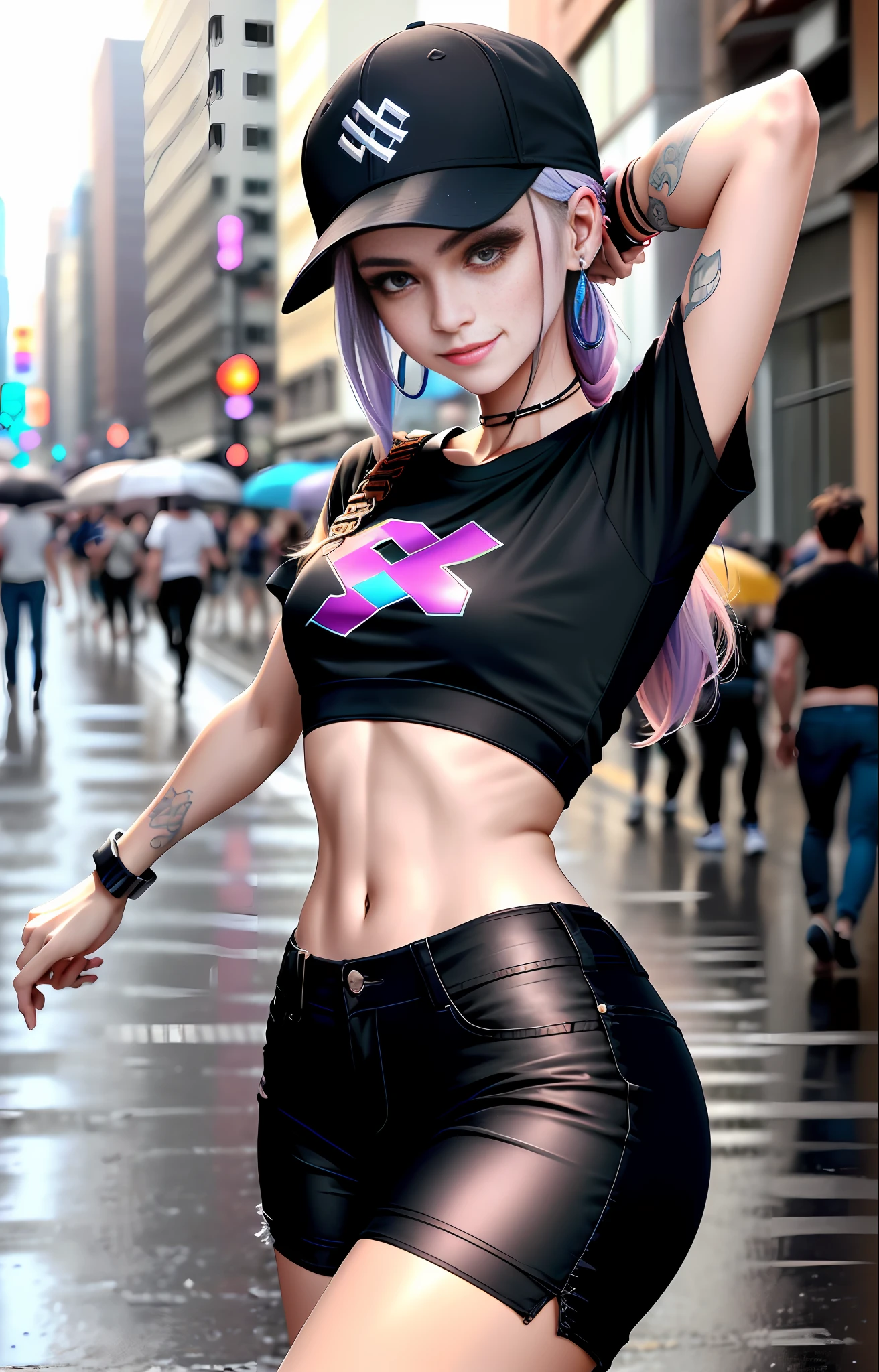 (Dalcifo), Super Resolution, (Reality: 1.3), (1 Slim Girl), Fashion Girl, Fashion, Young Face, Blush, (Evil Smile), (Slim) Thighs, Baseball Cap, Earrings, (Black T-shirt), (Loose Cargo Pants), Street Dance, Street Dance, Dance Move, Dancing, Rotogravure, Rain City Street,