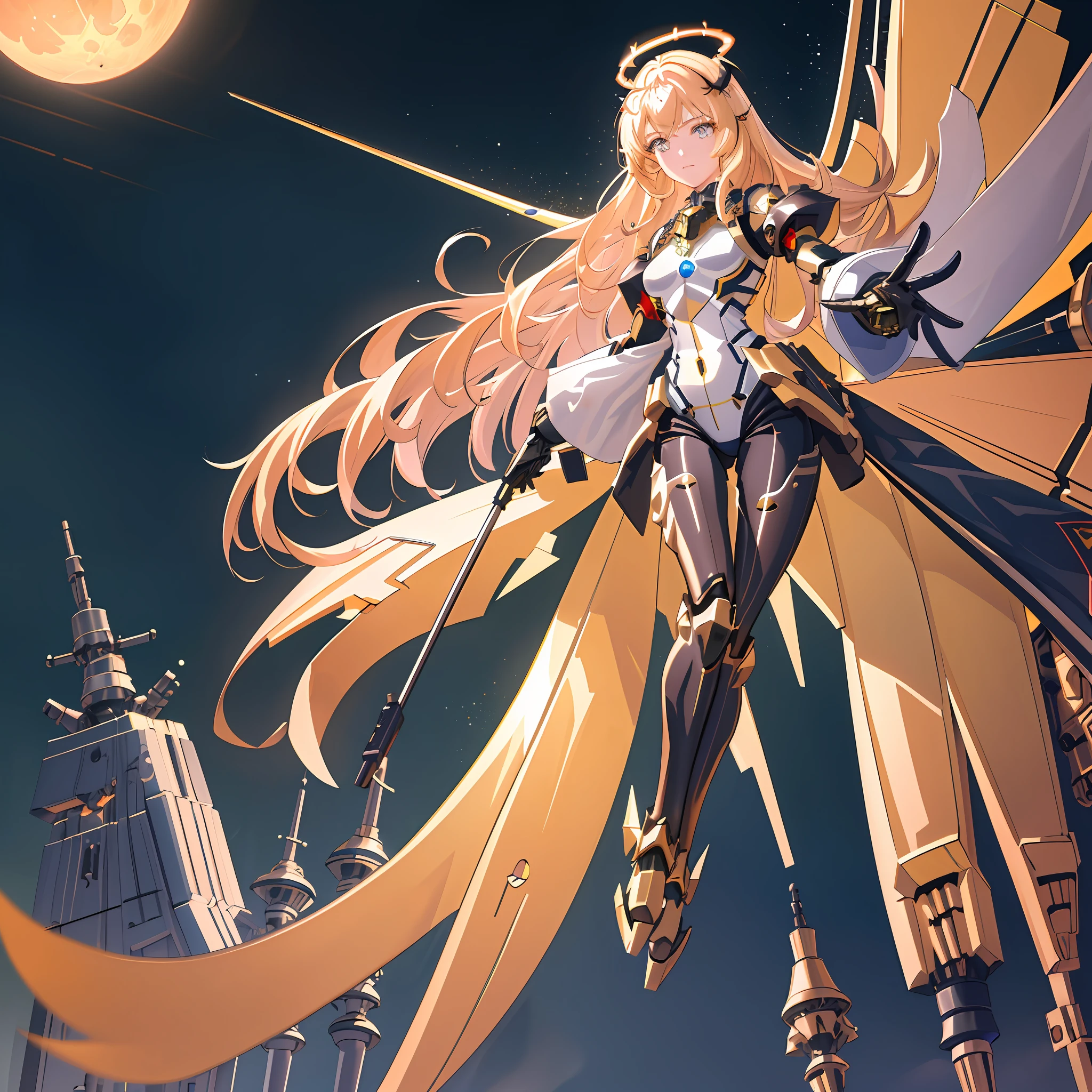 masterpiece,photorealistic,realistic,best quality,highres,extremely detailed CG wallpaper,detailed face,1girl,very long hair,floating hair,small breasts,full body,bokeh,cinematic lighting,chiaroscuro,mecha musume, headgear,mechanical arms, bodysuit,moon,starry sky,galaxy,mechanical horns,mechanical halo,