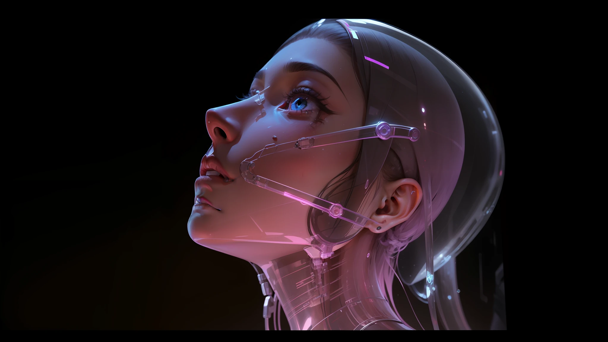 a close up of a transparent head and neck of a person, ash thorp, 'a human head made of glass, chris cunningham, body made of glass, plastic skin, gynoid body, synthetic skin, transparent skin, gloss, biophilia, transparent glass woman, cgsociety 9, aeon flux, transhuman, cybernetic machine female face --auto --s2