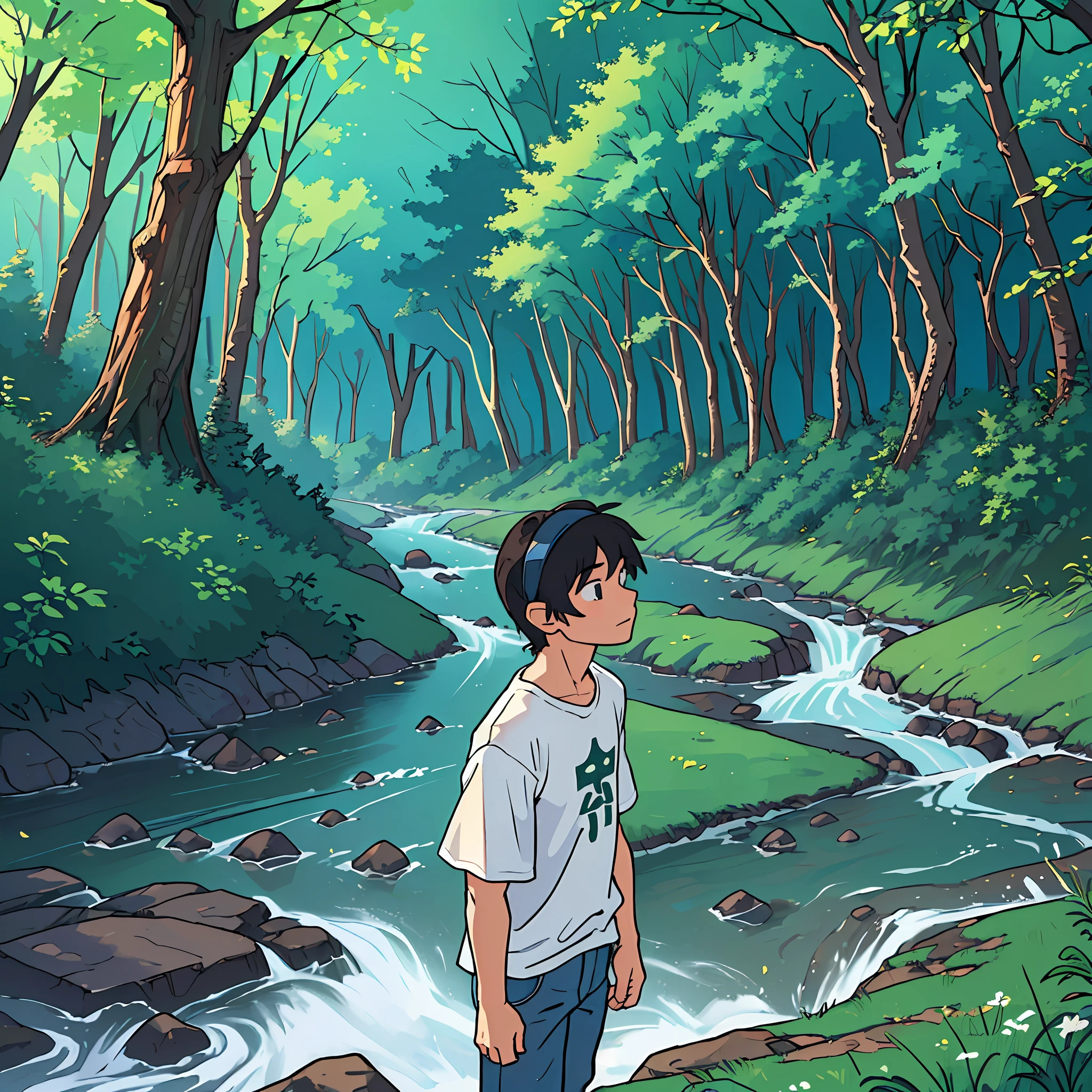 ((Background, forest, clear sky, small river flowing aside, man depicted in the distance, medieval fantasy)), boy wearing VR goggles, black hair, white T-shirt, jeans, boy small on the right of the screen, sense of life