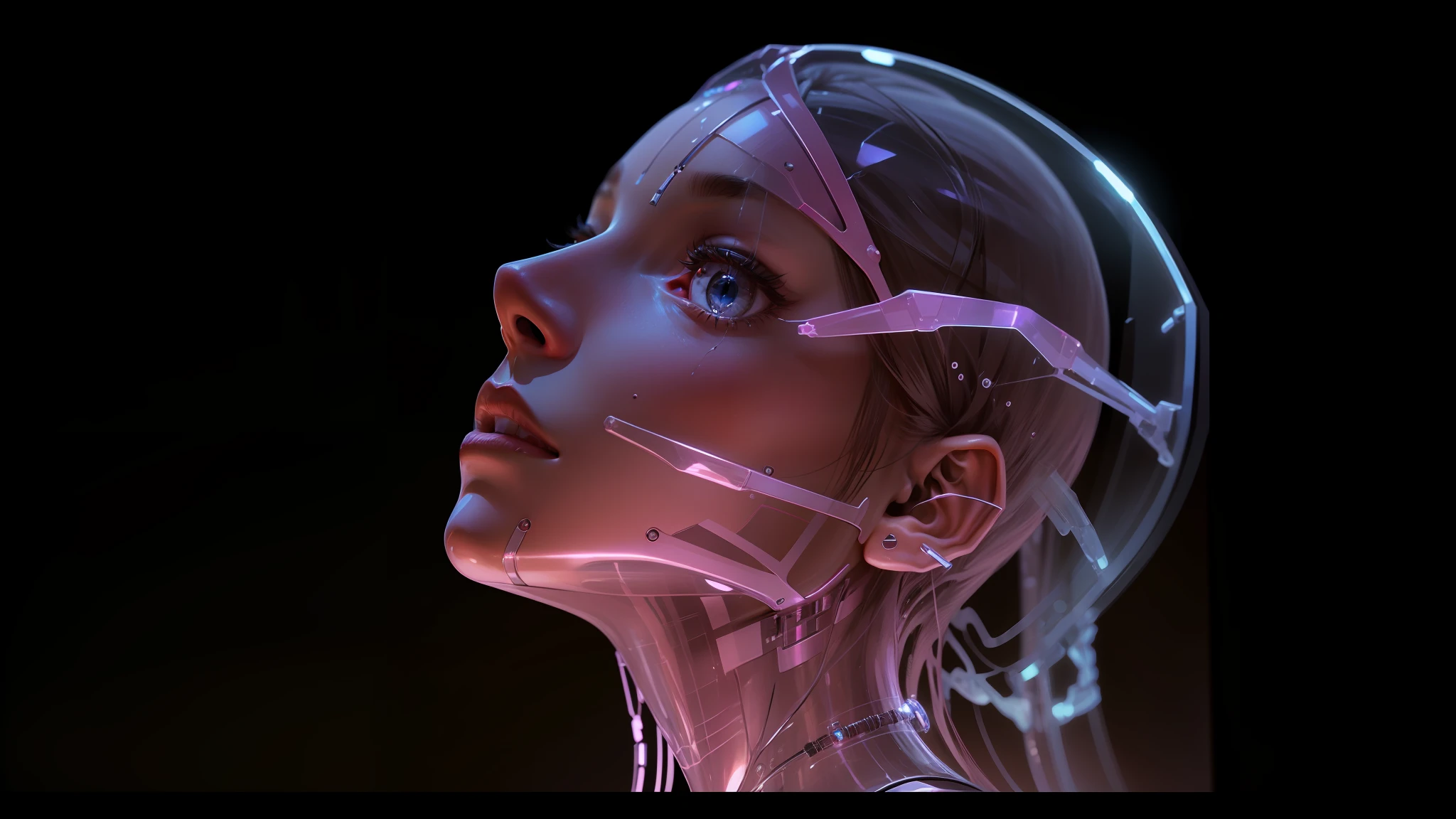 a close up of a transparent head and neck of a person, ash thorp, 'a human head made of glass, chris cunningham, body made of glass, plastic skin, gynoid body, synthetic skin, transparent skin, gloss, biophilia, transparent glass woman, cgsociety 9, aeon flux, transhuman, cybernetic machine female face --auto --s2