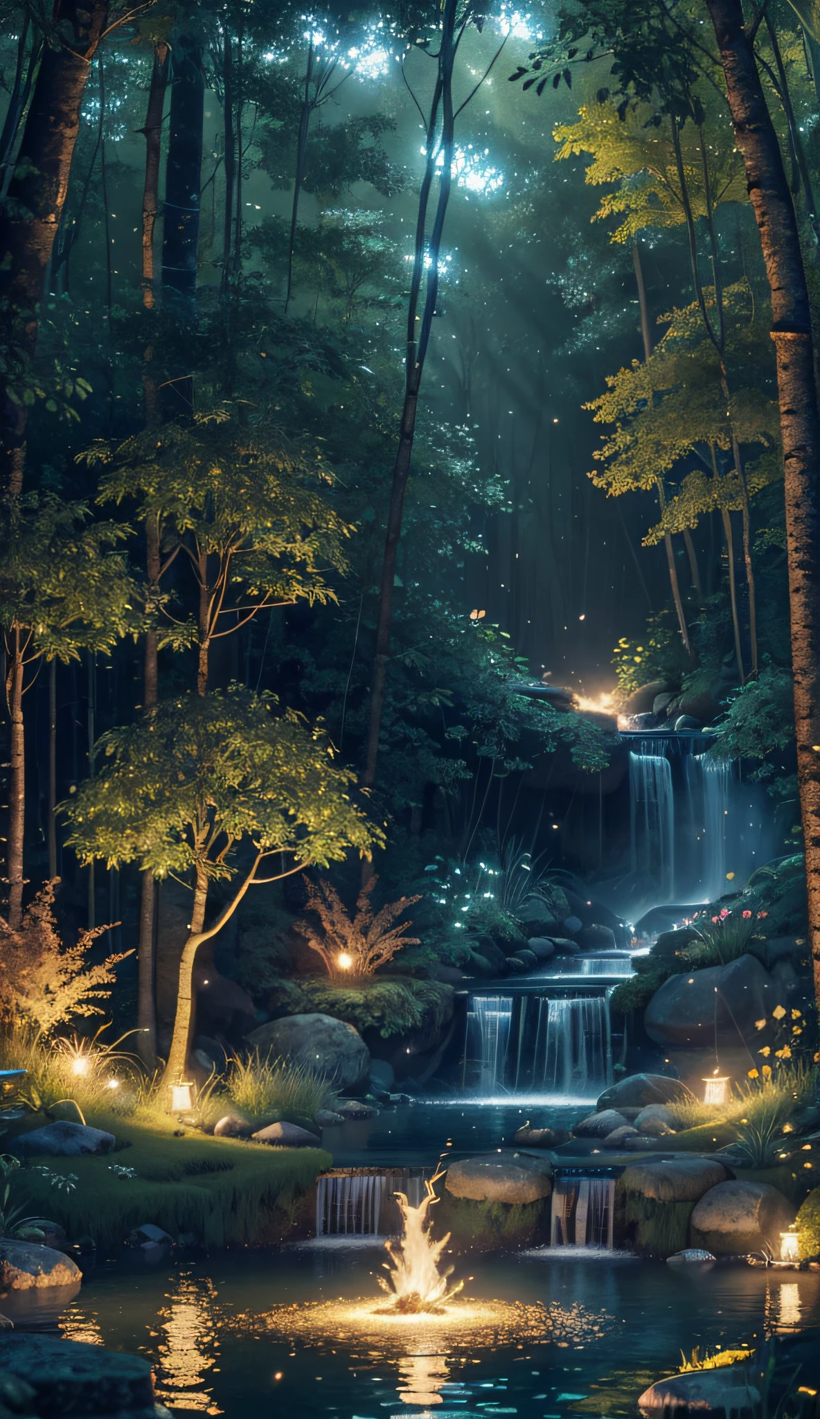 Masterpiece, best quality, (very detailed CG unity 8k wallpaper), (best quality), (best illustration), (best shadows), glow sprite, with a glowing deer, in the swimming pool Drinking water, natural elements in the forest theme. Mysterious forest, beautiful forest, nature, surrounded by flowers, delicate leaves and branches surrounded by fireflies (natural elements), (jungle theme), (leaves), (twigs), (fireflies), (particle effects) etc. 3D , Octane rendering, ray tracing, super detailed