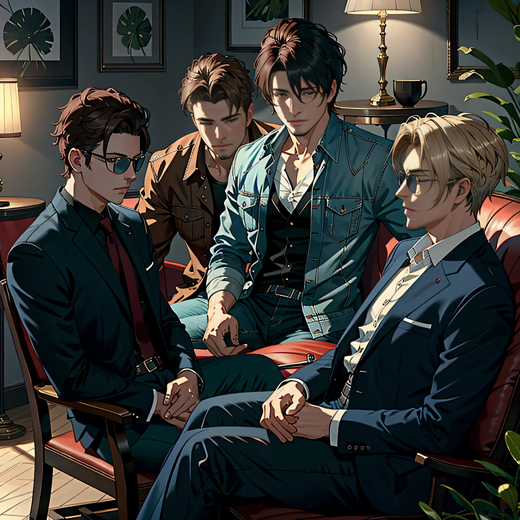 Masterpiece, best quality, 8k, photographic realistic, realistic, octane rendering , a group of men sitting separately on the sofa drinking