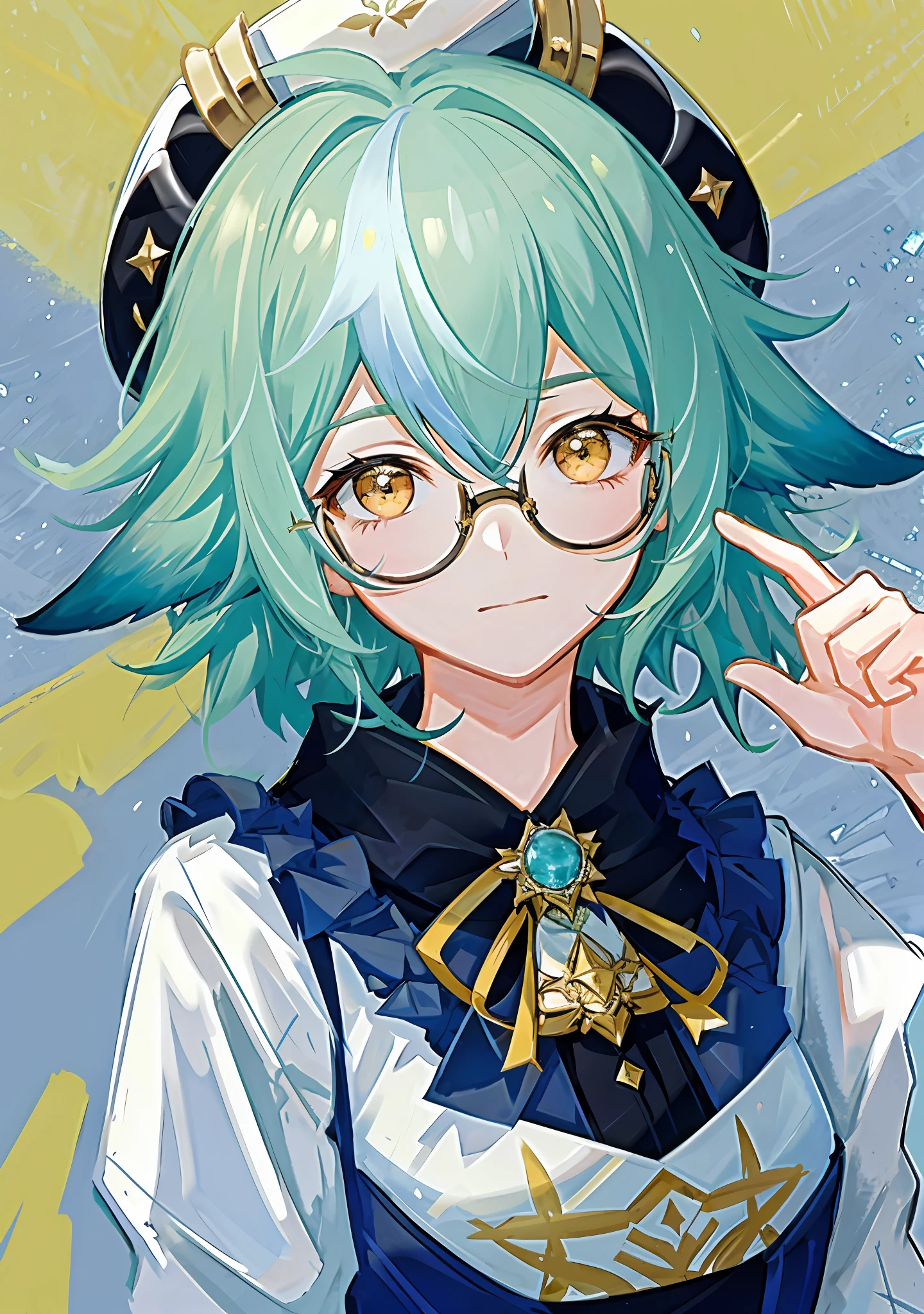8k, super detail, masterpiece,super detail, high quality, high resolution, high detail, face detail, teal hair with animal ears, yellow eyes, wearing glasses, wearing hat, short hair, shy, embarrased