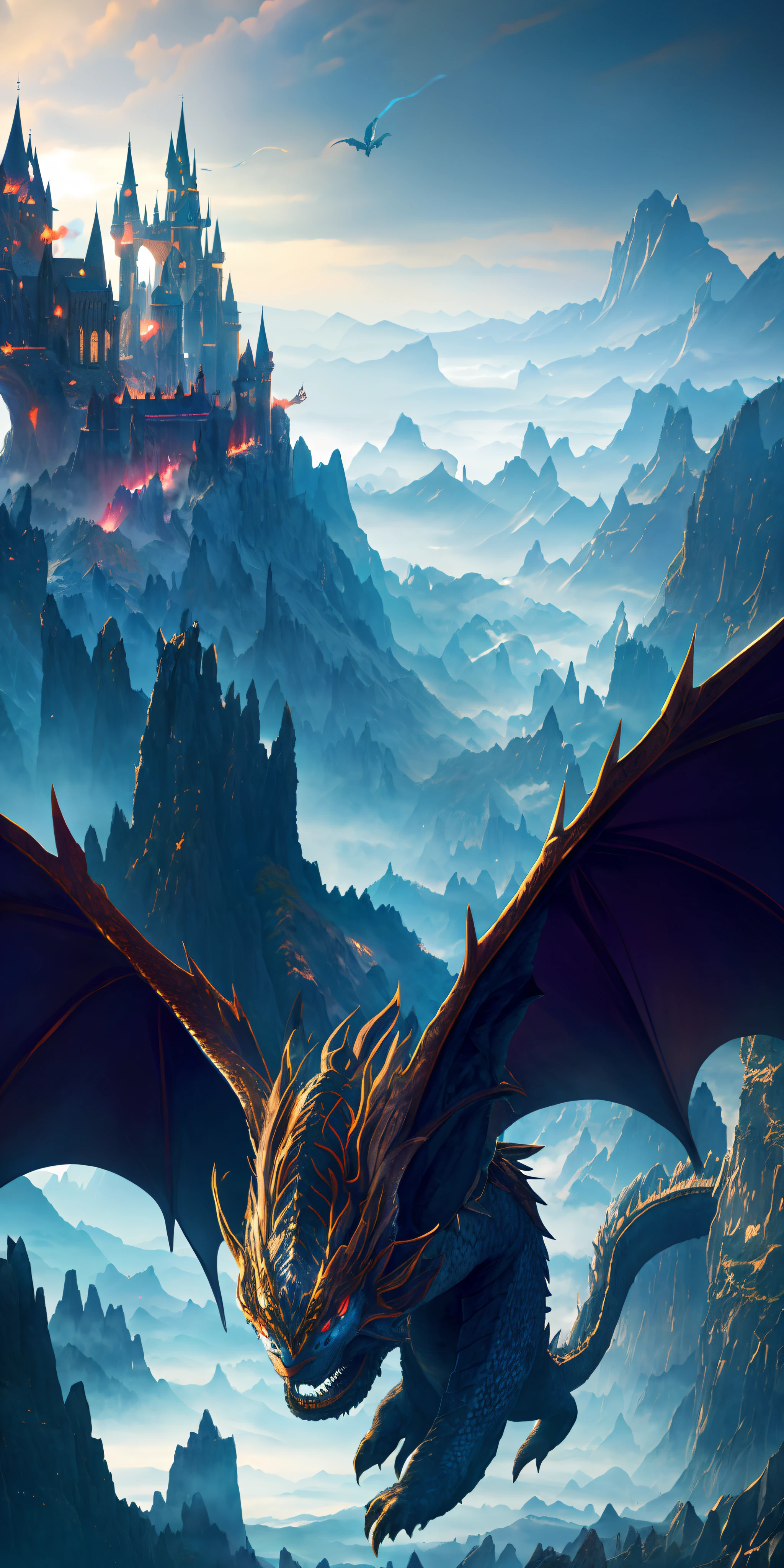 ((masterpiece)), best quality, high quality, ((extremely detailed CG unity 8k wallpaper)),(fantasy), A place like black magic world, dark-ish color, castles, tremendous dragons fly in the sky, huge dragons, dragons shooting lots of fire balls, ruining the ground, magic movie style, harry potter movie style, viewing on higher mountain, Mono Lake, 3D Digital Paintings,award winning photography, Bokeh, Depth of Field, HDR, bloom, Chromatic Aberration ,Photorealistic,extremely detailed, trending on artstation, trending on CGsociety, Intricate, High Detail, dramatic, art by midjourney