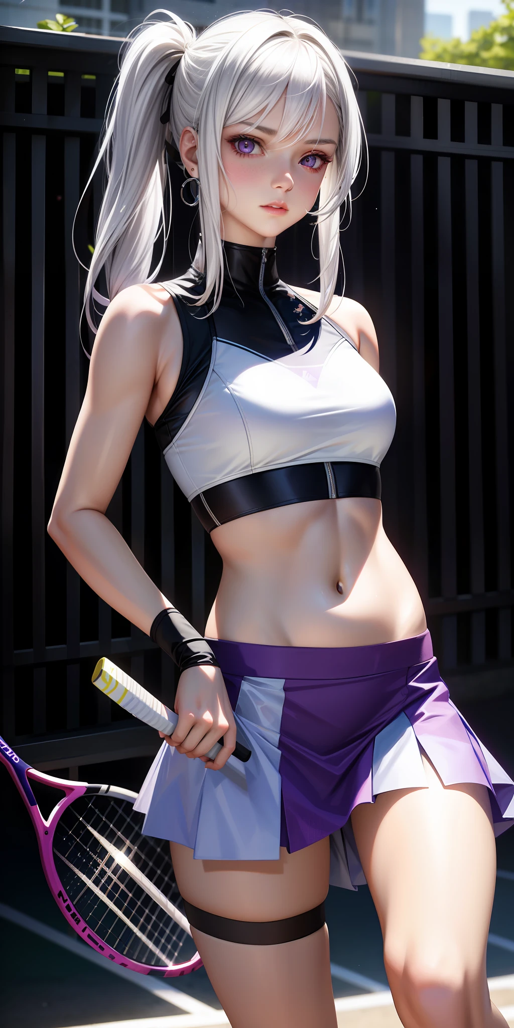 realistic, 1girl, white hair, purple eyes, glowing eyes, crop top, shot skirt, parted lips, blush, concept art, tennis racket in hand, sun, sunlight,