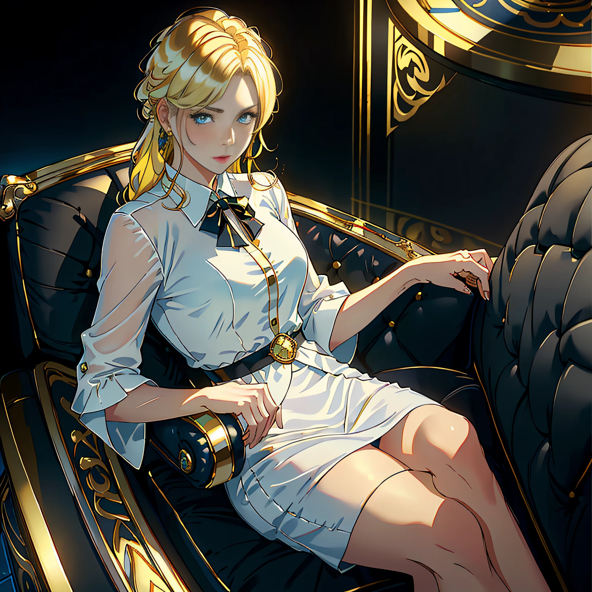 Masterpiece, Best Quality, 8K, Photographic Reality, Realistic, Octane Rendering , (1 Woman, White Dress Inlay|Yellow Gold Rim ,Golden Hair, Blue Eyes, Seat on KTV Box Sofa: 1.3) (1 Man, Black Hair, Wearing Black Suit, Seat on Sofa: 1.31)