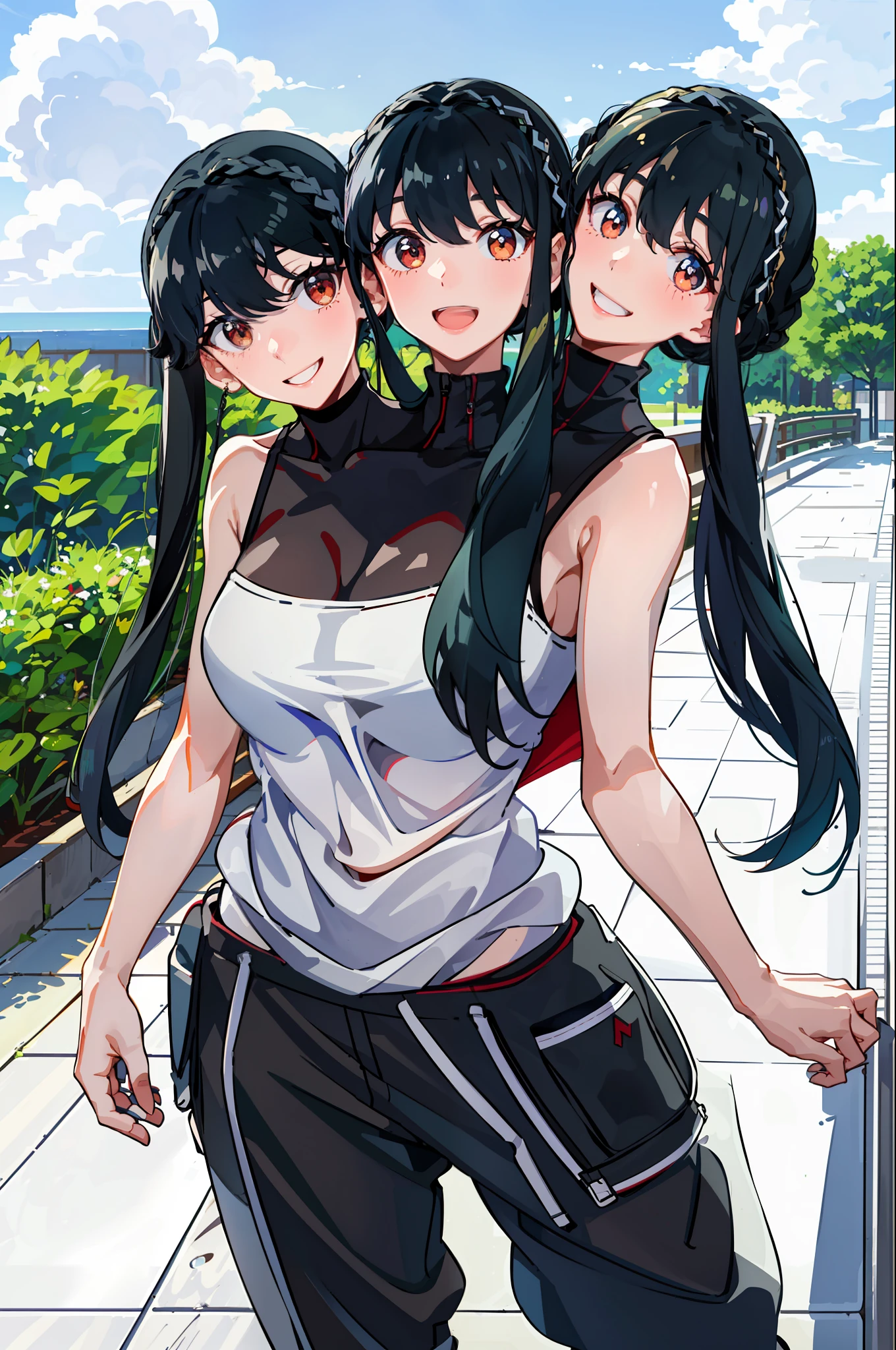 3heads, best quality, masterpiece
3 girls, black hair, identical hair color, smiling, necks side by side, three necks on shoulders, running, tanktop, sweatpants, outdoors
((three heads, 3head):1.5)