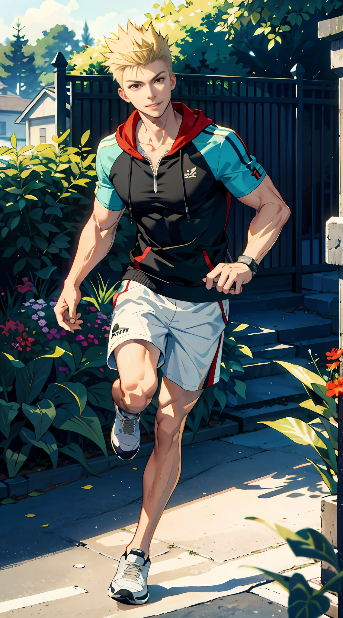 Masterpiece, Solo, Best Quality, 1 Male, Young Adult, Tall Muscle, Handsome, Narrow Eyes,Frowned, Intricate Details, Casual Clothing, Extra Large Hood, Shorts, Tennis Shoes, Very Short Blonde and Red-Eyed Spiked Hair, Medium Length Hair, Intricate Patterns, Best Light and Shadow, Backgrounds Park, Running, Mottled Day, Depth of Field, Plants, Summer, Colorful , artistic, depth of field, smile, mouth closed