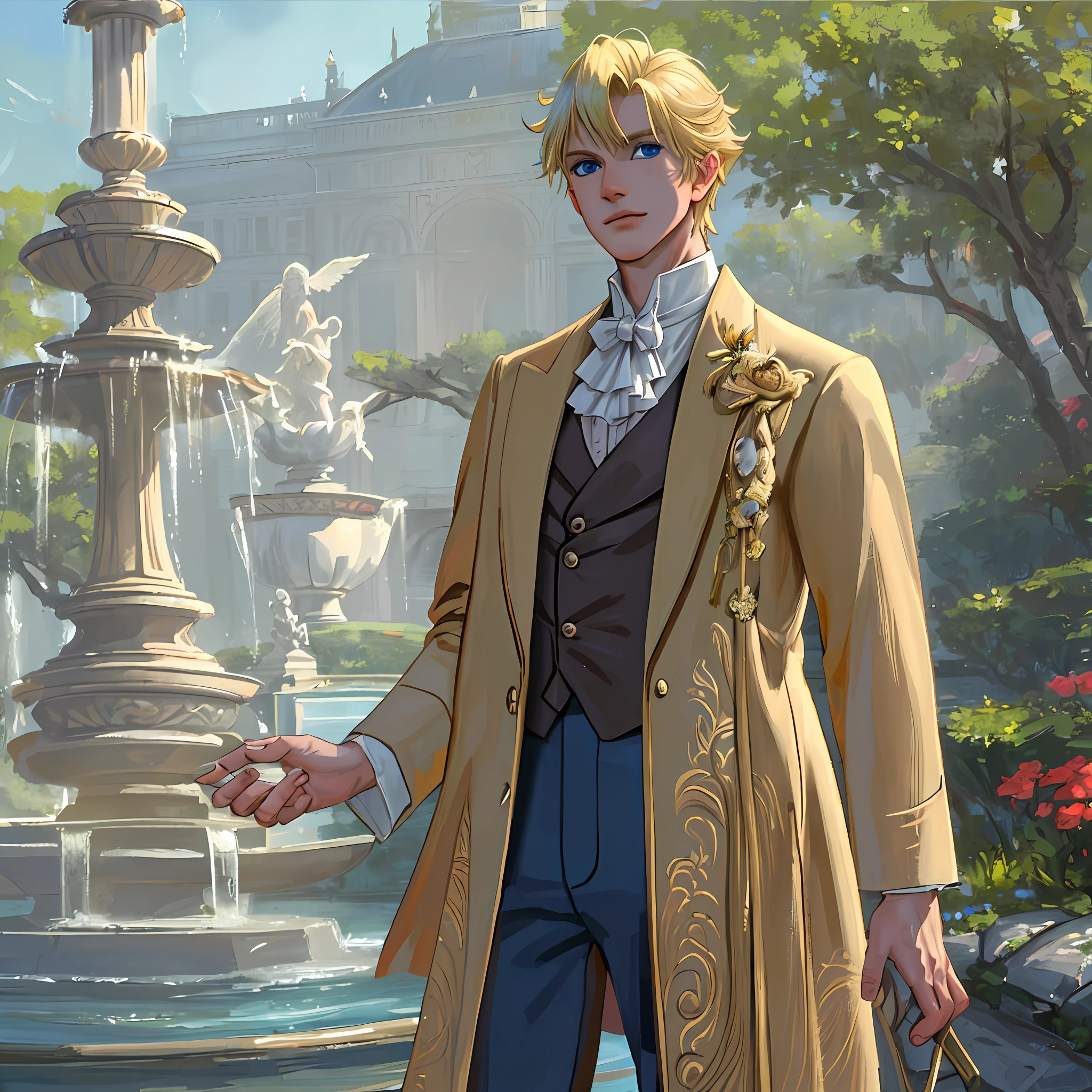 ((((masterpiece)))), (best quality), ((Hyper detailed)), ((High detail)), ((Exquisite detail)), (1 boy), (solo), (cowboy shot), (looking at viewer),((outside)), (((antique))), ((palace)), ((garden)), ((fountain)),
(flower), ((mature male)),((victorian outfit)), ((tall and muscular)), ((whiskermark)), (short hair), uzumaki naruto, ((blonde hair)), detailed lips, (((prince))), ((blue eyes)), nobility, ((long pant))